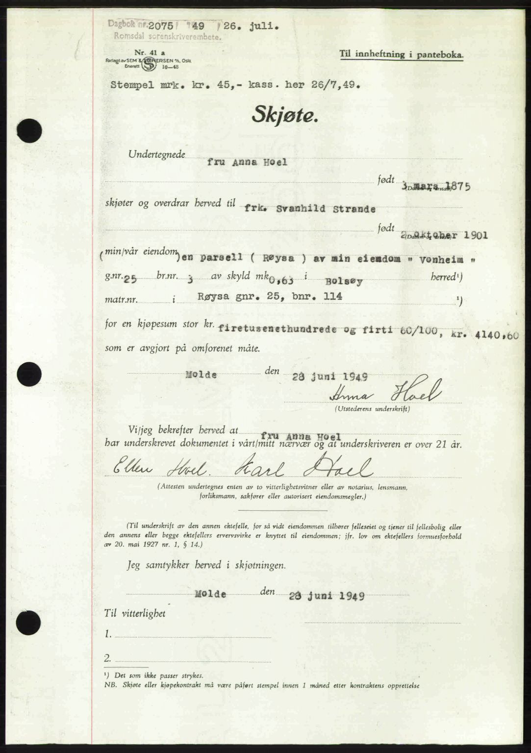 Romsdal sorenskriveri, AV/SAT-A-4149/1/2/2C: Pantebok nr. A30, 1949-1949, Dagboknr: 2075/1949