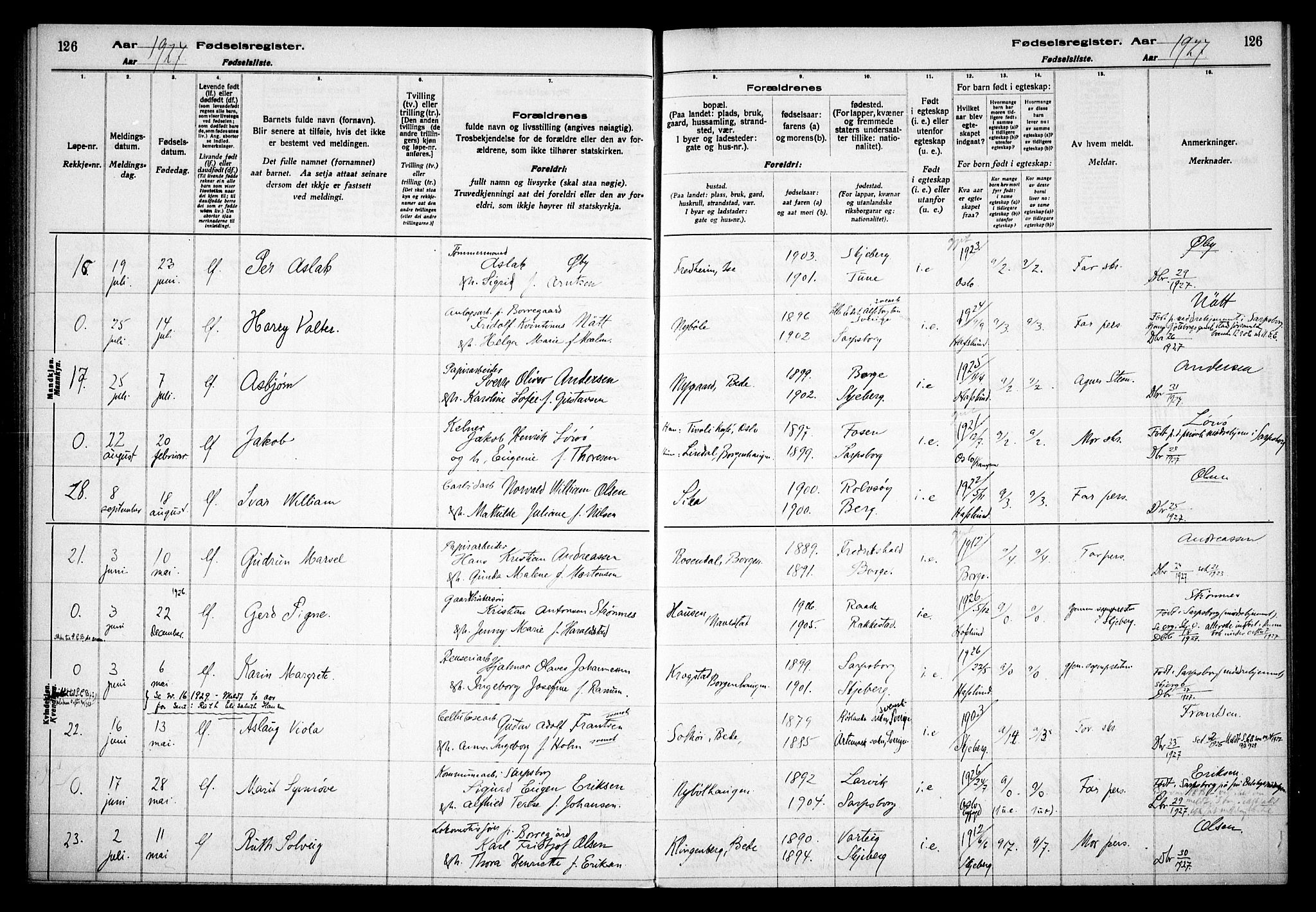 Skjeberg prestekontor Kirkebøker, SAO/A-10923/J/Jd/L0001: Fødselsregister nr. IV 1, 1916-1935, s. 126