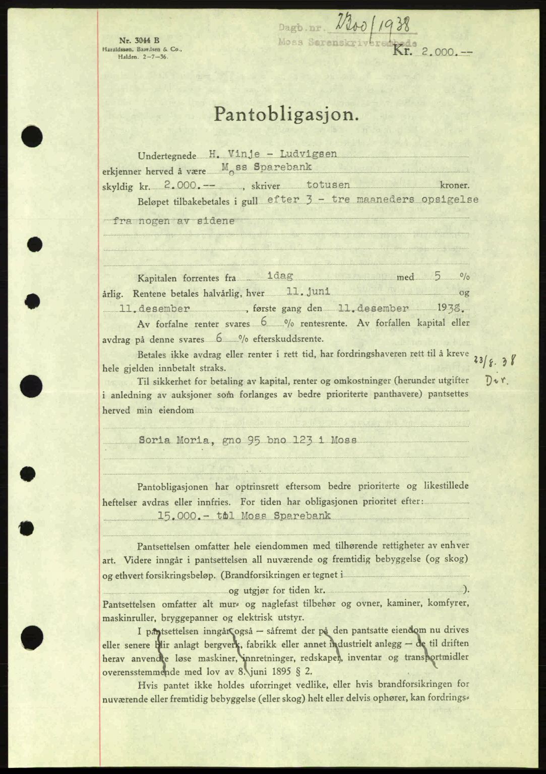 Moss sorenskriveri, SAO/A-10168: Pantebok nr. B6, 1938-1938, Dagboknr: 2300/1938