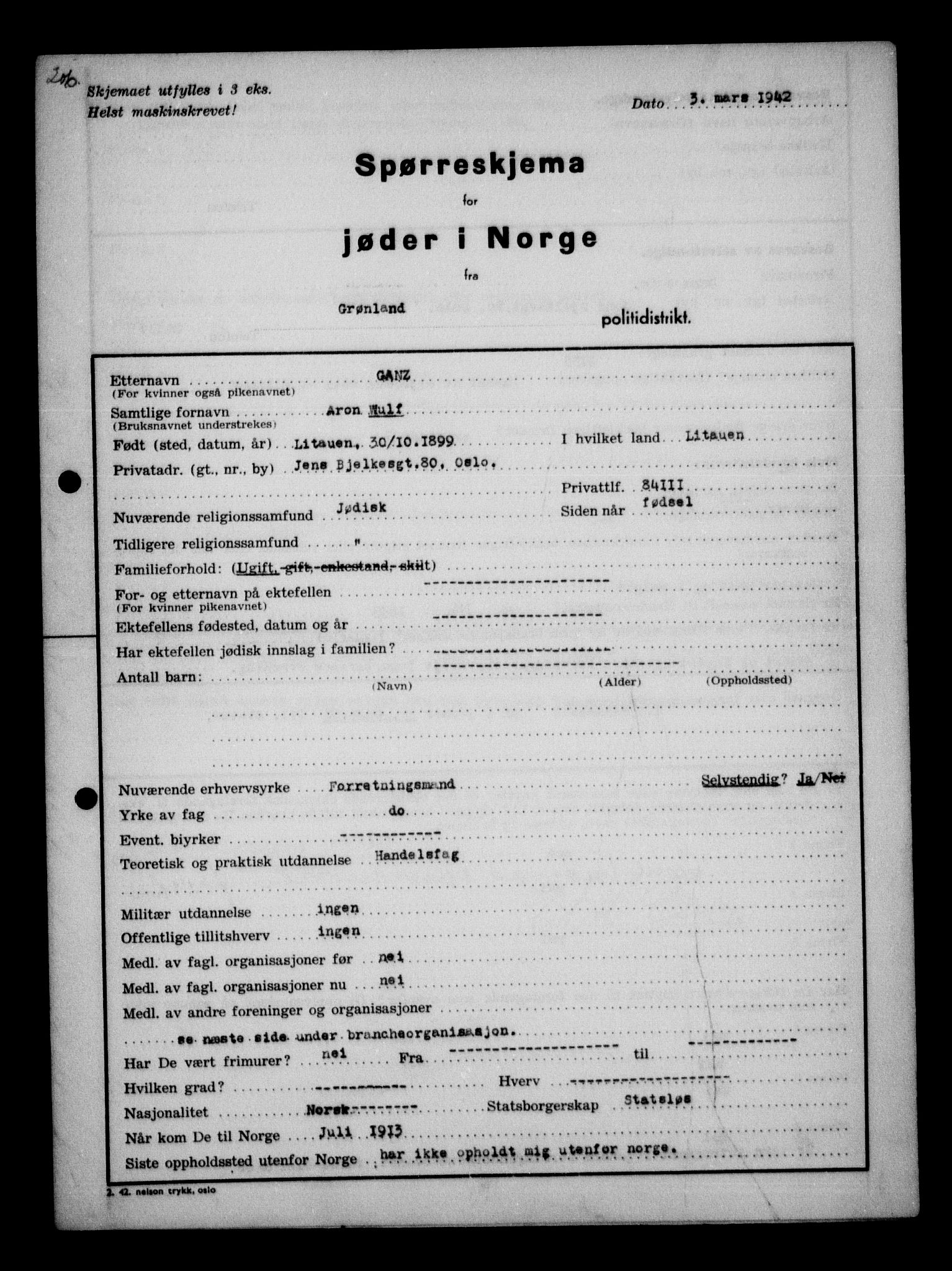 RA, Statspolitiet - Hovedkontoret / Osloavdelingen, G/Ga/L0009: Spørreskjema for jøder i Norge, Oslo Alexander-Gutman, 1942, s. 206