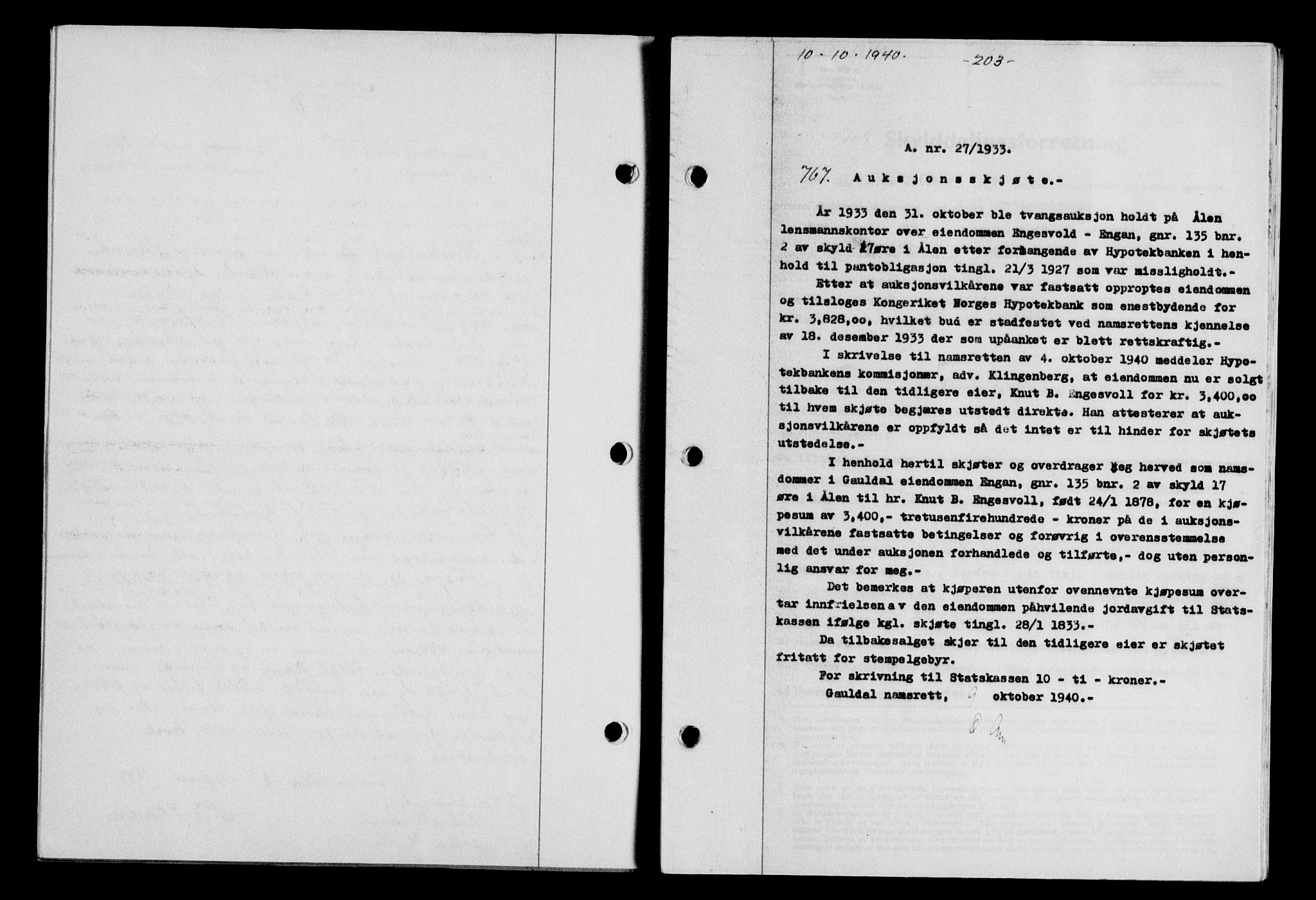 Gauldal sorenskriveri, SAT/A-0014/1/2/2C/L0052: Pantebok nr. 57, 1940-1941, Dagboknr: 767/1940