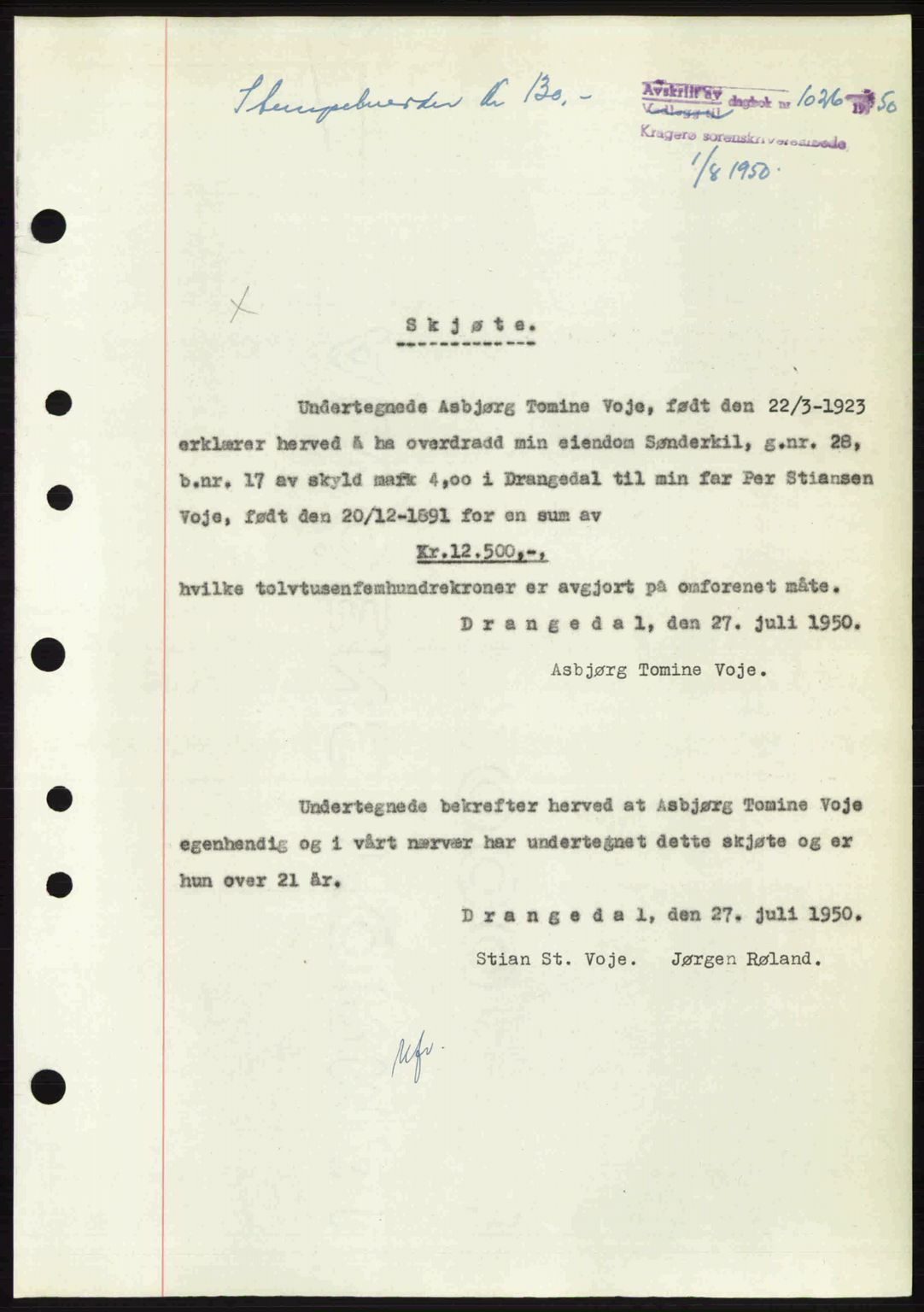 Kragerø sorenskriveri, SAKO/A-65/G/Ga/Gac/L0003: Pantebok nr. A-3, 1949-1950, Dagboknr: 1026/1950