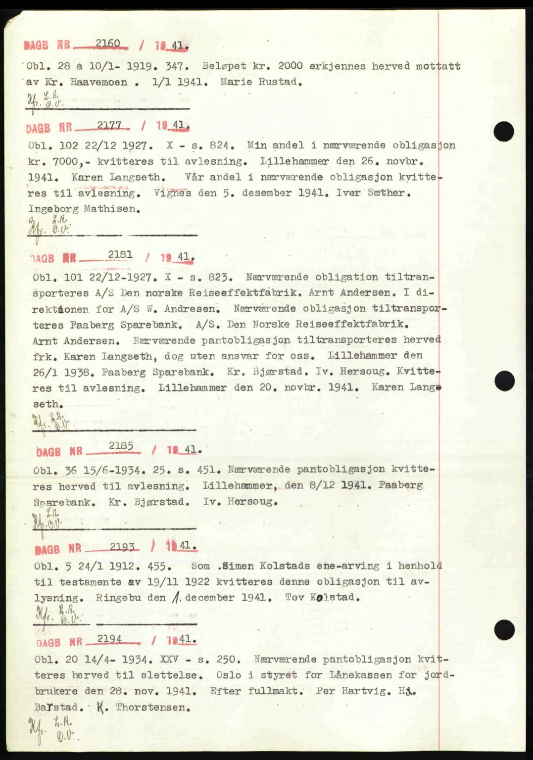 Sør-Gudbrandsdal tingrett, SAH/TING-004/H/Hb/Hbf/L0002: Pantebok nr. C1, 1938-1951, Dagboknr: 2160/1941