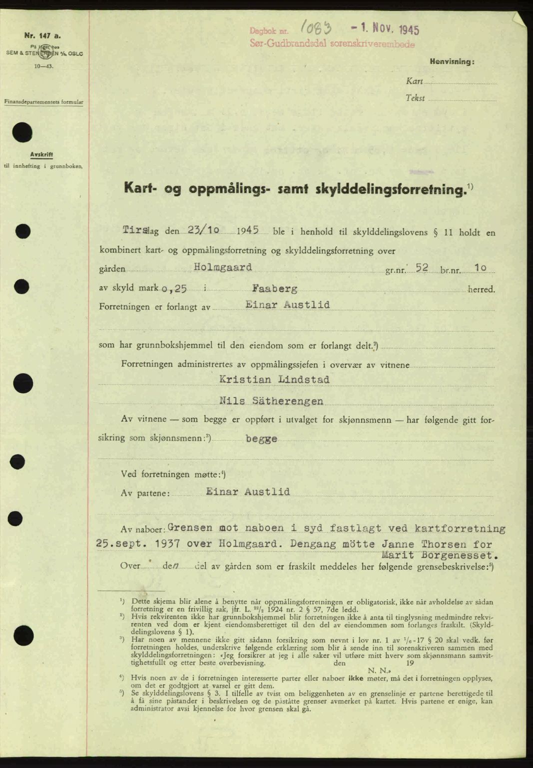 Sør-Gudbrandsdal tingrett, SAH/TING-004/H/Hb/Hbd/L0014: Pantebok nr. A14, 1944-1945, Dagboknr: 1083/1945