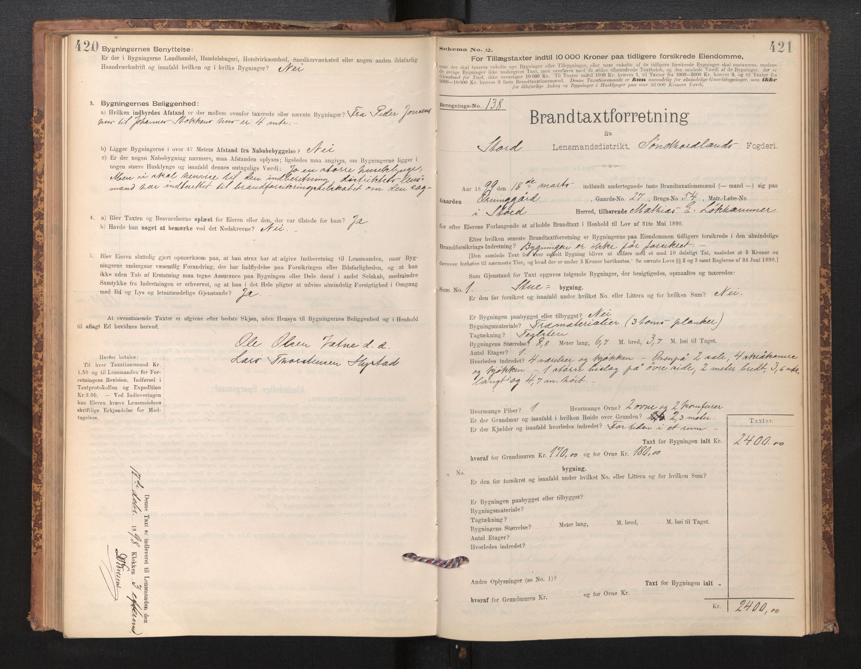 Lensmannen i Stord, SAB/A-35001/0012/L0002: Branntakstprotokoll, skjematakst, 1897-1922, s. 420-421