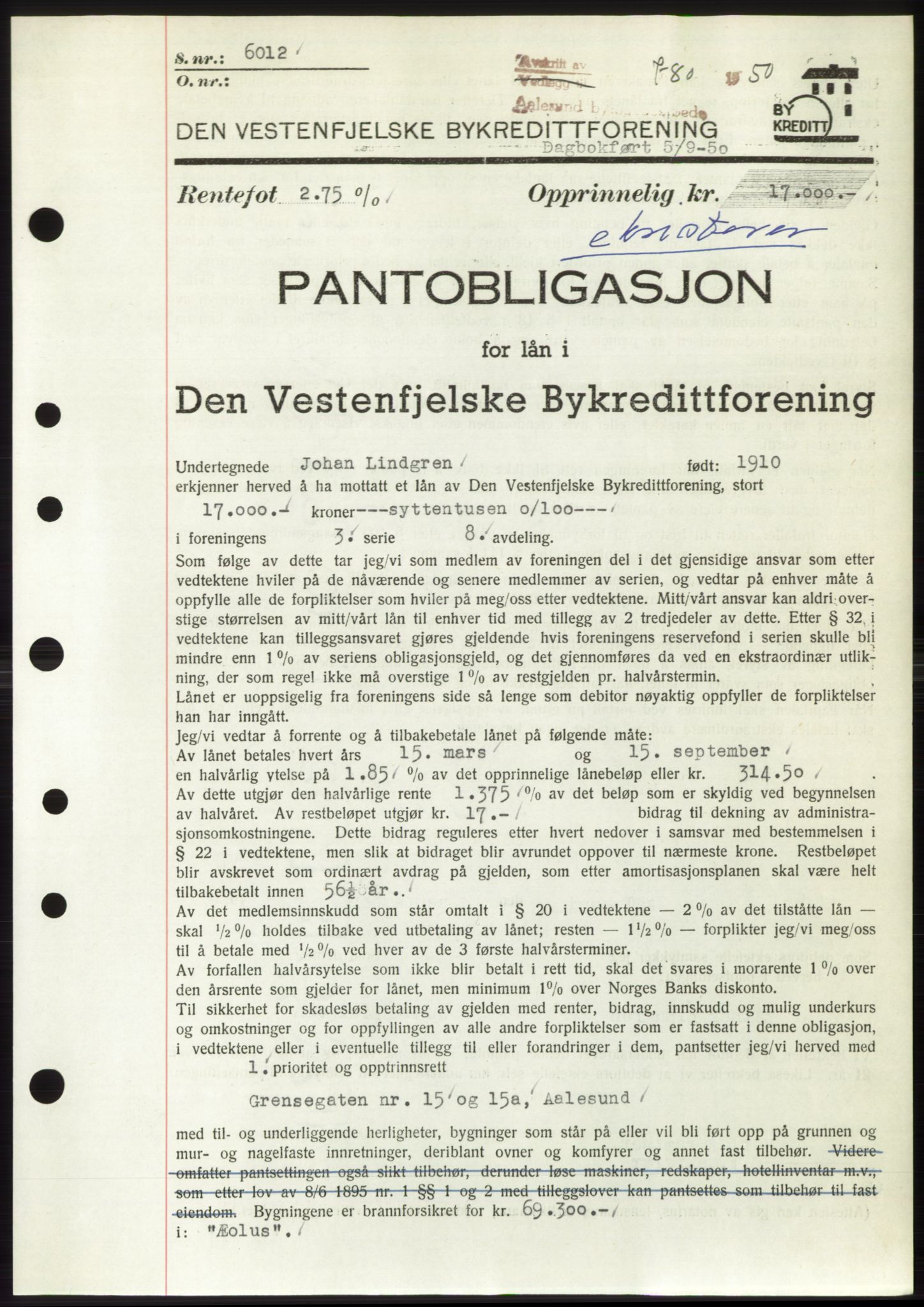 Ålesund byfogd, SAT/A-4384: Pantebok nr. B36-38, 1948-1950, Dagboknr: 780/1950