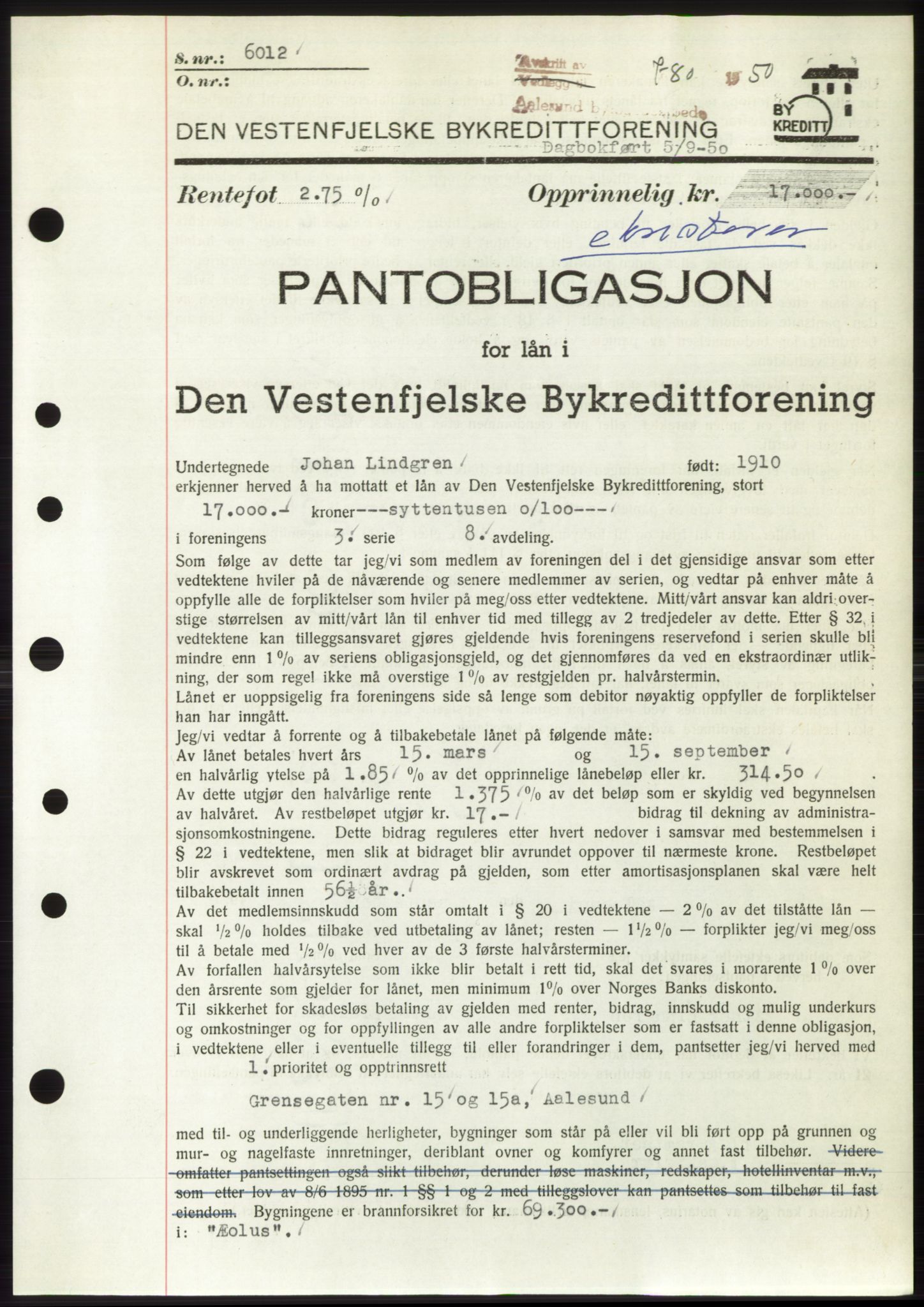 Ålesund byfogd, AV/SAT-A-4384: Pantebok nr. B36-38, 1948-1950, Dagboknr: 780/1950