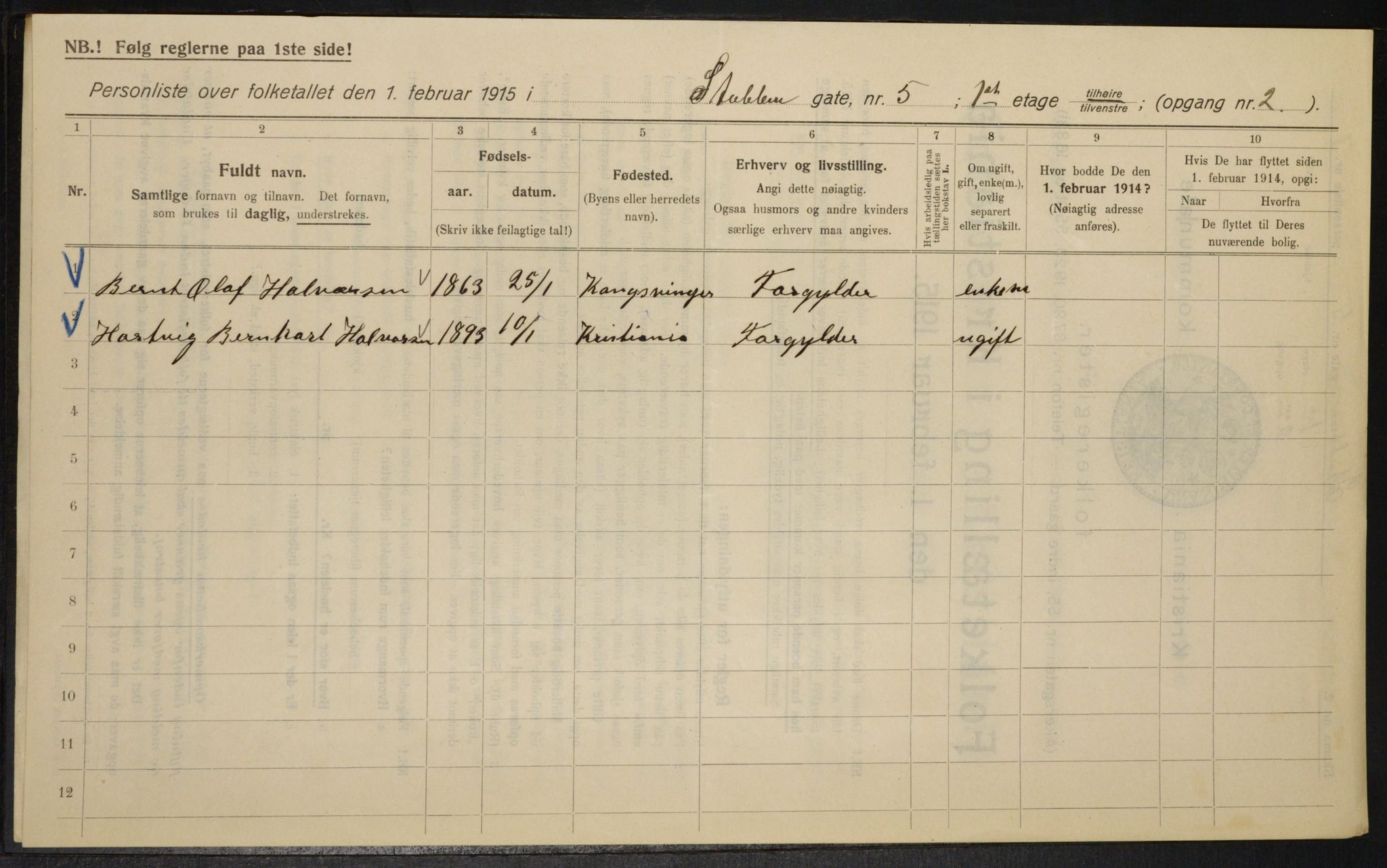 OBA, Kommunal folketelling 1.2.1915 for Kristiania, 1915, s. 104677