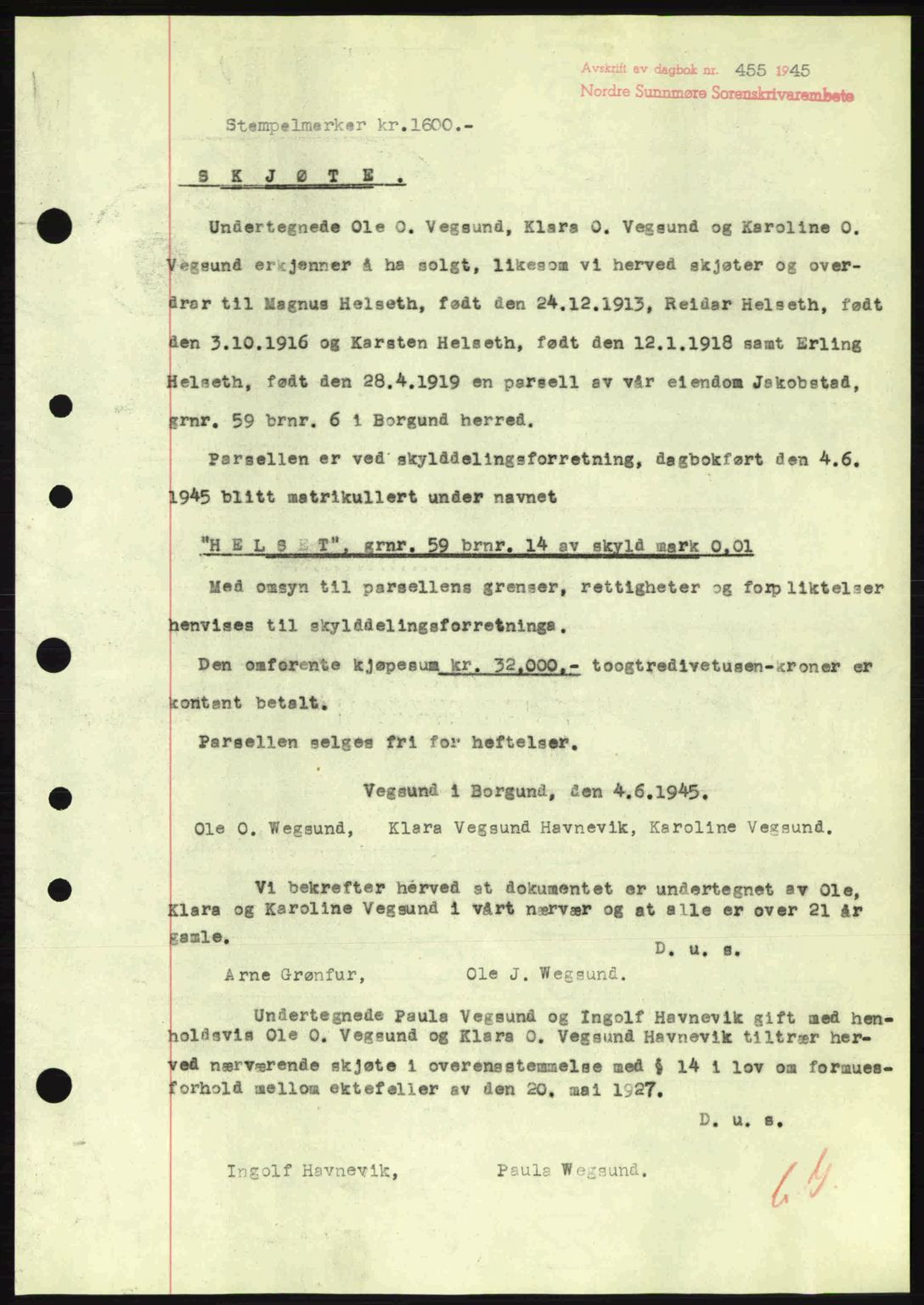 Nordre Sunnmøre sorenskriveri, SAT/A-0006/1/2/2C/2Ca: Pantebok nr. A19, 1944-1945, Dagboknr: 455/1945