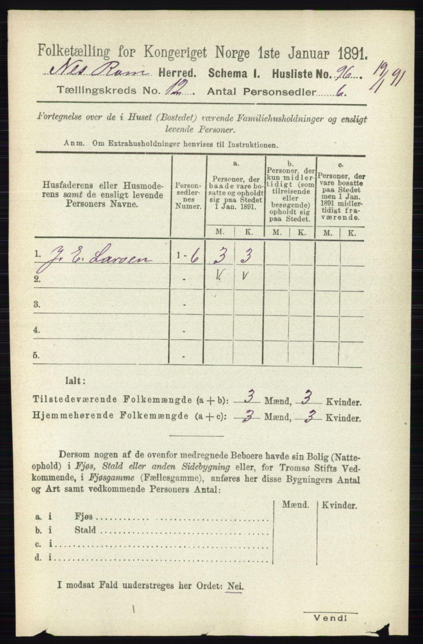 RA, Folketelling 1891 for 0236 Nes herred, 1891, s. 7105