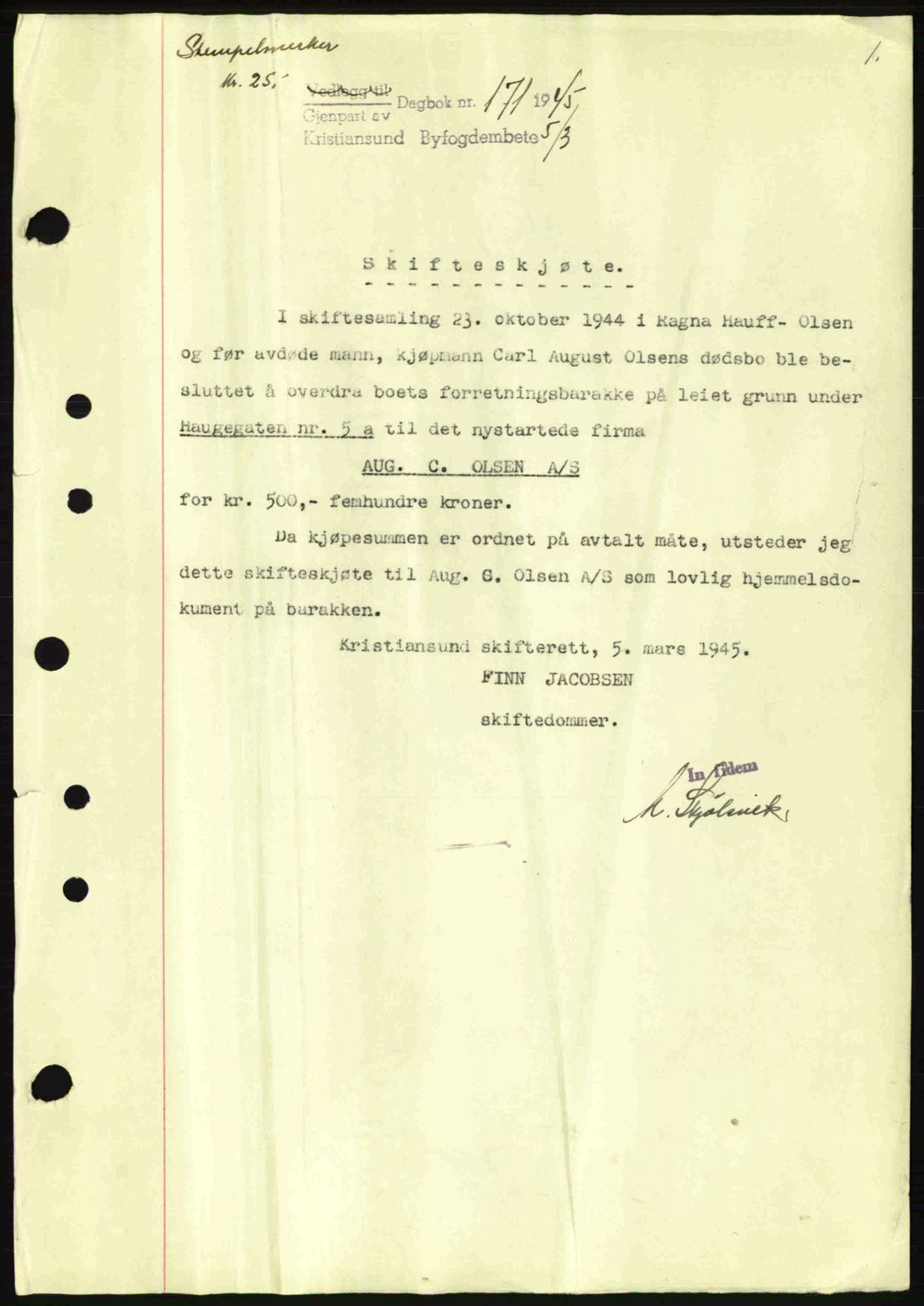 Kristiansund byfogd, AV/SAT-A-4587/A/27: Pantebok nr. 39a, 1945-1945, Dagboknr: 171/1945