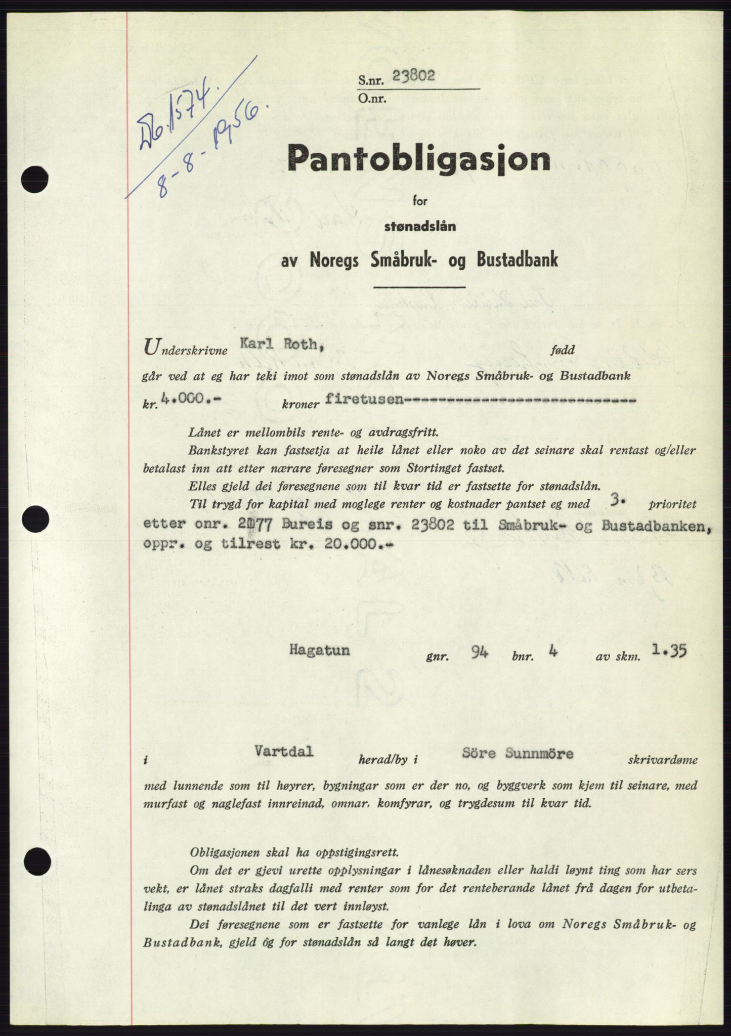 Søre Sunnmøre sorenskriveri, SAT/A-4122/1/2/2C/L0128: Pantebok nr. 16B, 1956-1956, Dagboknr: 1574/1956
