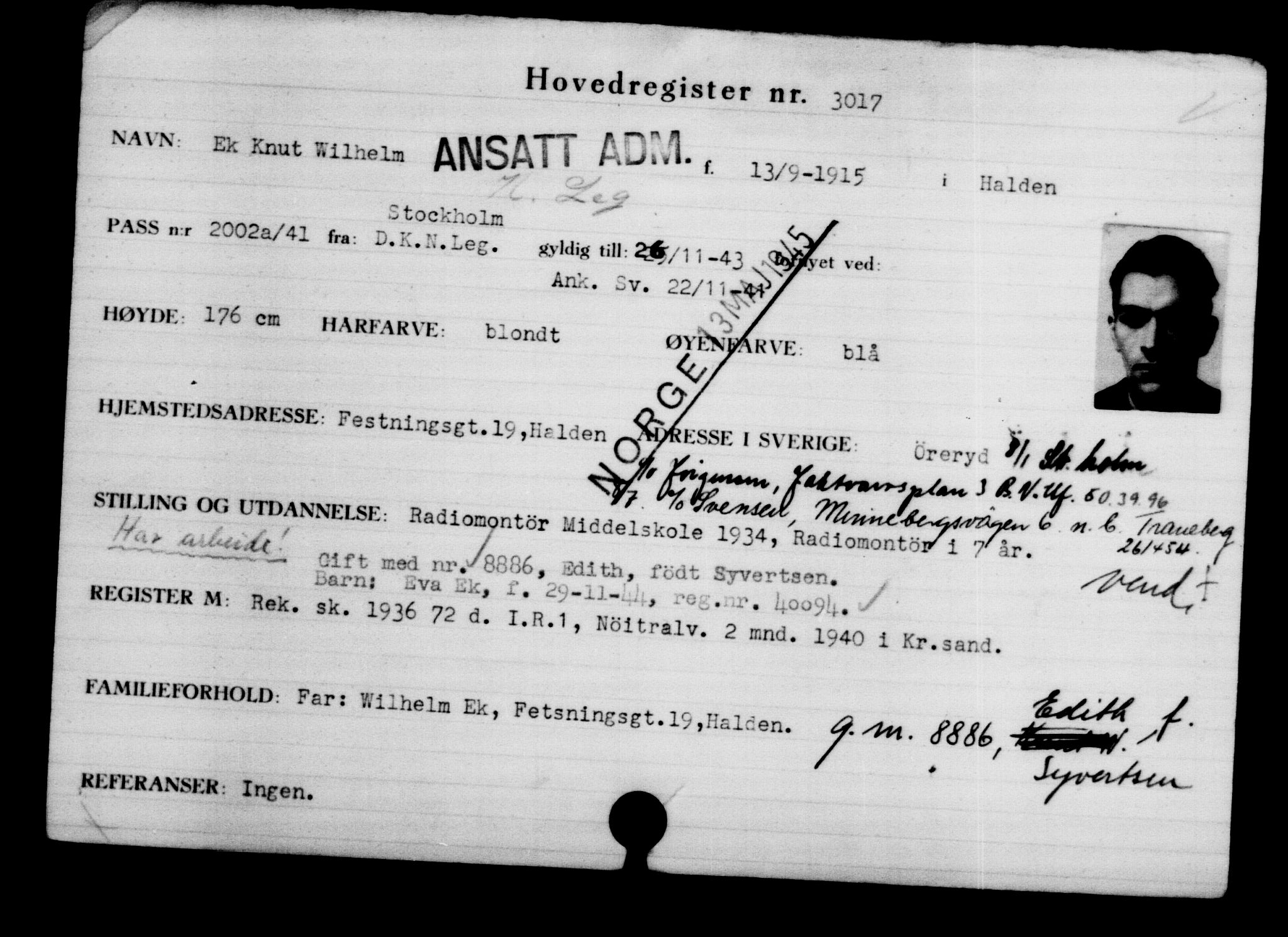 Utenriksstasjonene, Legasjonen i Stockholm, Flyktningkontoret, AV/RA-S-6753/V/Va/L0003: Kjesäterkartoteket, flyktninger med registreringsnr. 2001-3495, 1940-1945, s. 1438