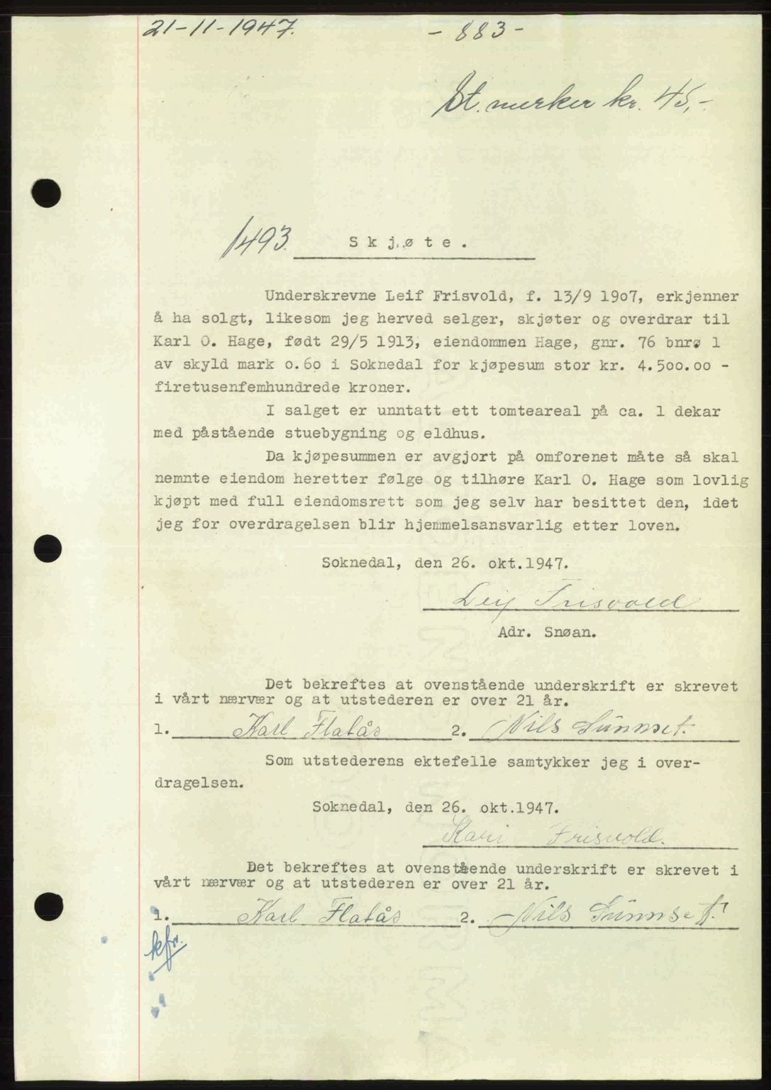 Gauldal sorenskriveri, SAT/A-0014/1/2/2C: Pantebok nr. A5, 1947-1948, Dagboknr: 1493/1947