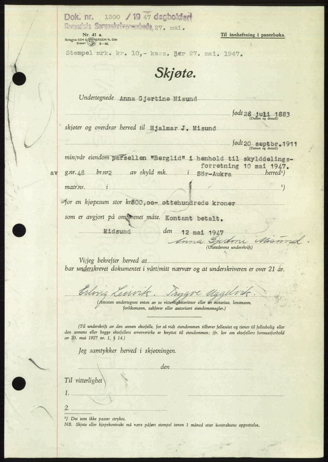 Romsdal sorenskriveri, AV/SAT-A-4149/1/2/2C: Pantebok nr. A23, 1947-1947, Dagboknr: 1300/1947