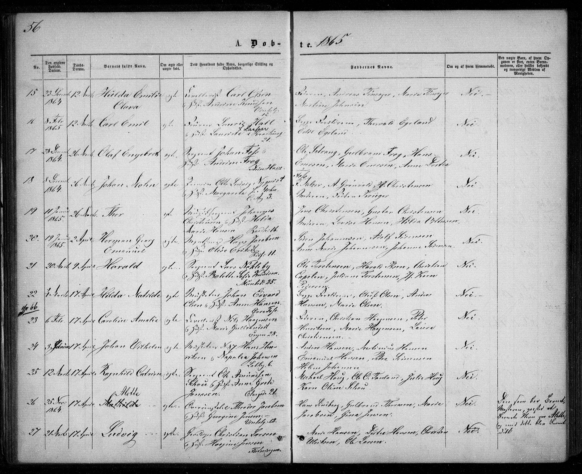 Garnisonsmenigheten Kirkebøker, AV/SAO-A-10846/G/Ga/L0006: Klokkerbok nr. 6, 1860-1880, s. 56