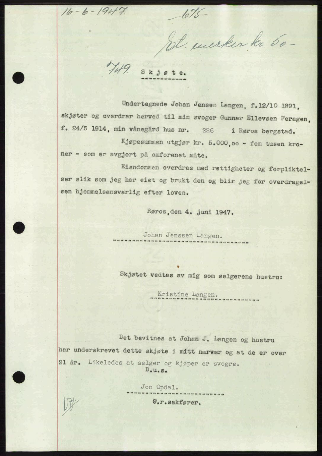 Gauldal sorenskriveri, SAT/A-0014/1/2/2C: Pantebok nr. A3, 1947-1947, Dagboknr: 749/1947