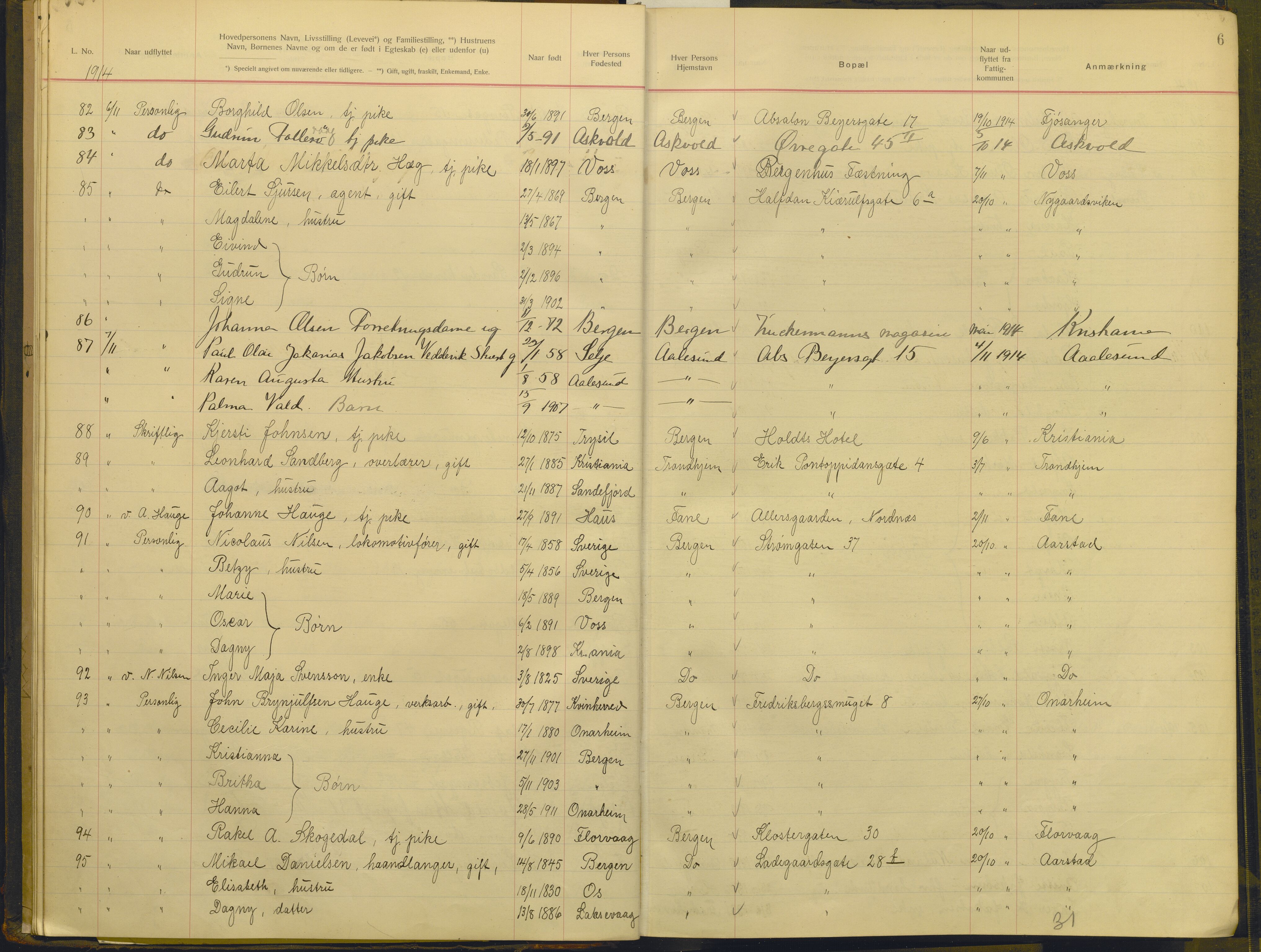 Bergen politikammer / politidistrikt, AV/SAB-A-60401/J.g/L0010: Protokoll over utflyttede, 1914-1917, s. 6