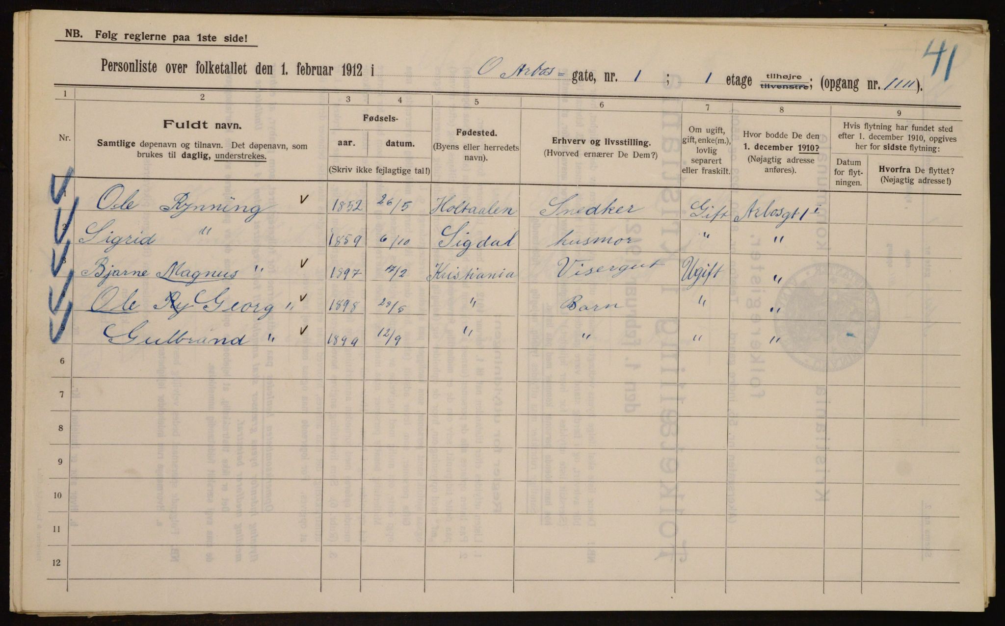 OBA, Kommunal folketelling 1.2.1912 for Kristiania, 1912, s. 1654