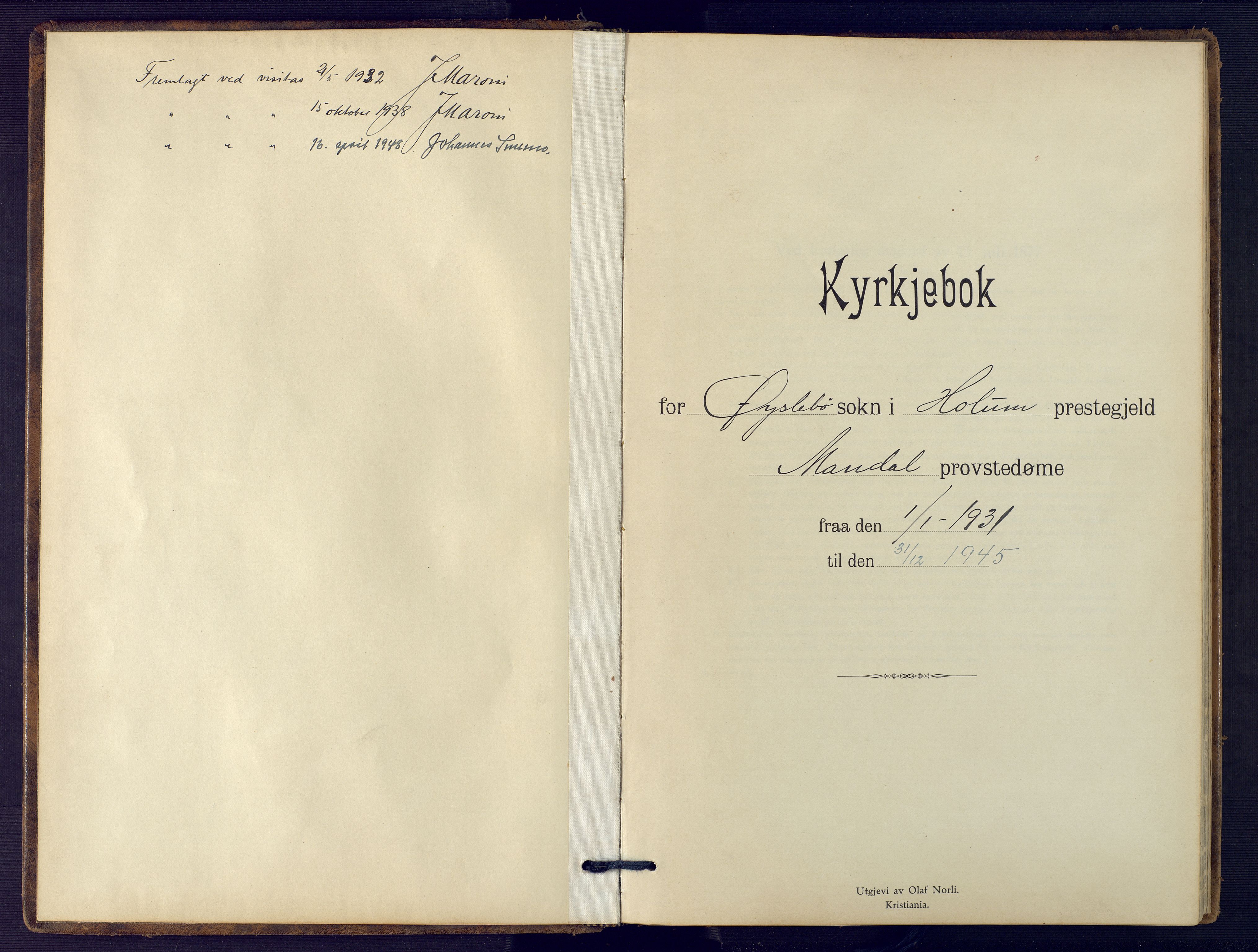 Holum sokneprestkontor, SAK/1111-0022/F/Fb/Fbc/L0005: Klokkerbok nr. B 5, 1931-1945