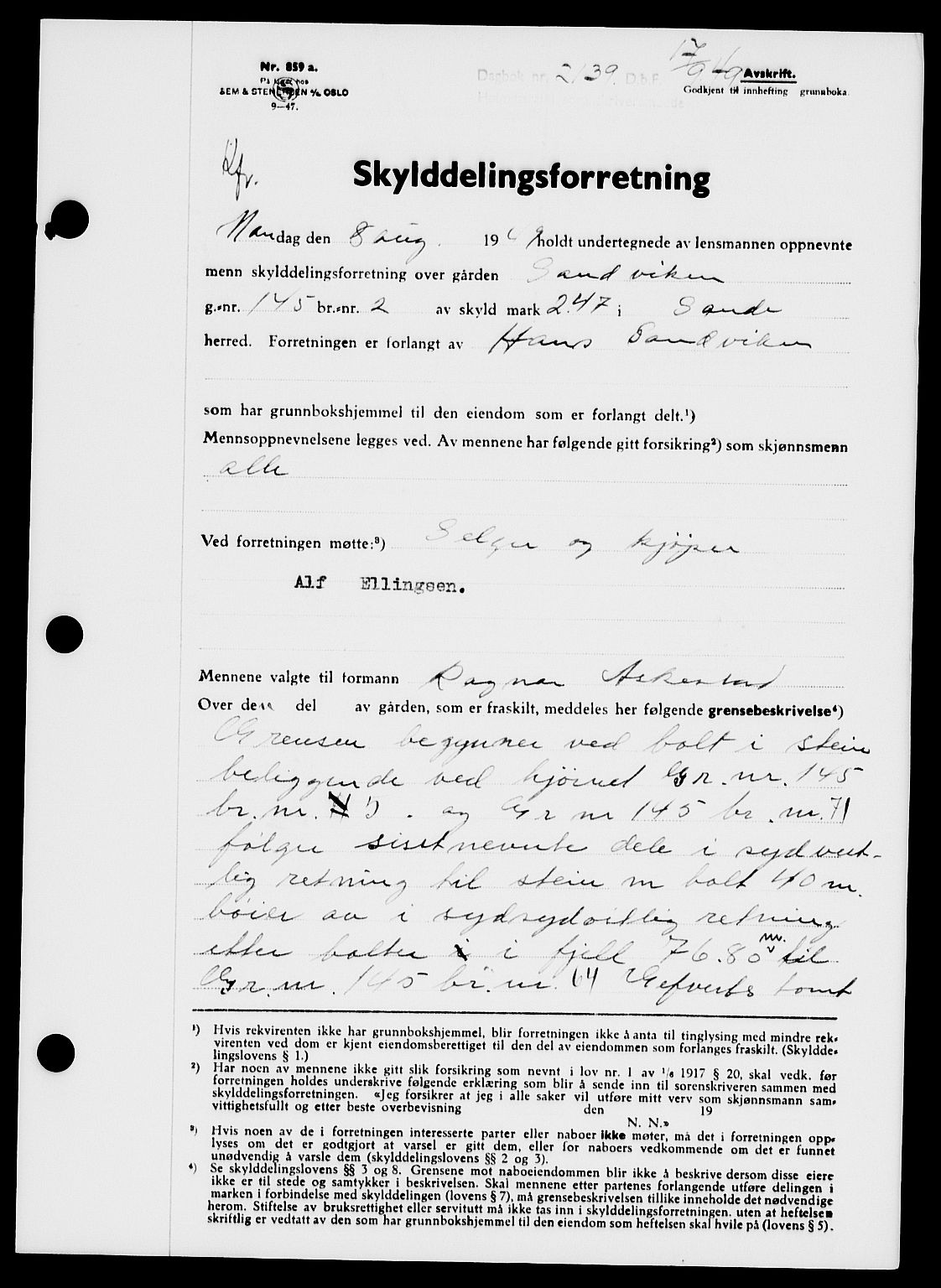 Holmestrand sorenskriveri, SAKO/A-67/G/Ga/Gaa/L0067: Pantebok nr. A-67, 1949-1949, Dagboknr: 2139/1949