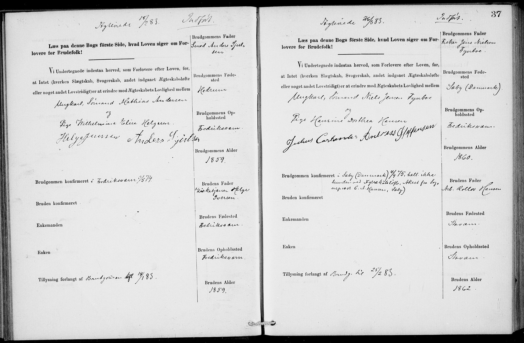 Stavern kirkebøker, SAKO/A-318/H/Ha/L0001: Lysningsprotokoll nr. 1, 1875-1918, s. 37