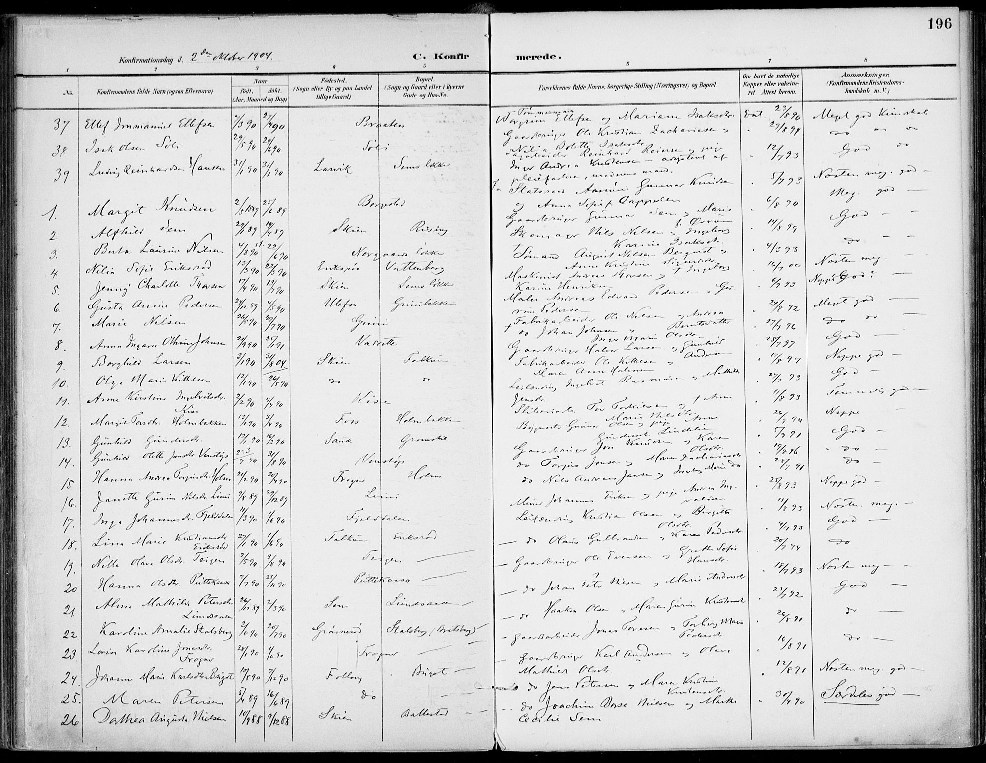 Gjerpen kirkebøker, AV/SAKO-A-265/F/Fa/L0011: Ministerialbok nr. I 11, 1896-1904, s. 196