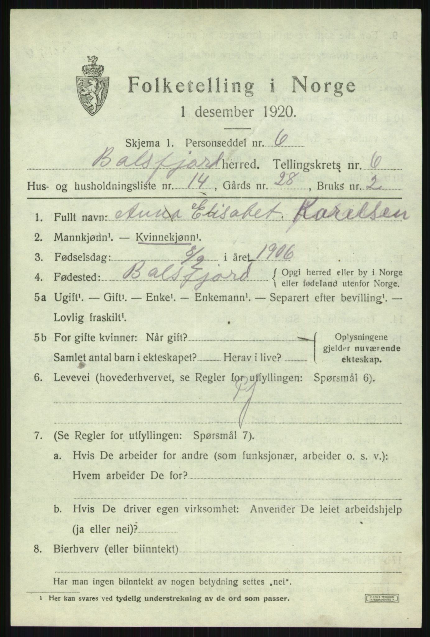 SATØ, Folketelling 1920 for 1933 Balsfjord herred, 1920, s. 3878