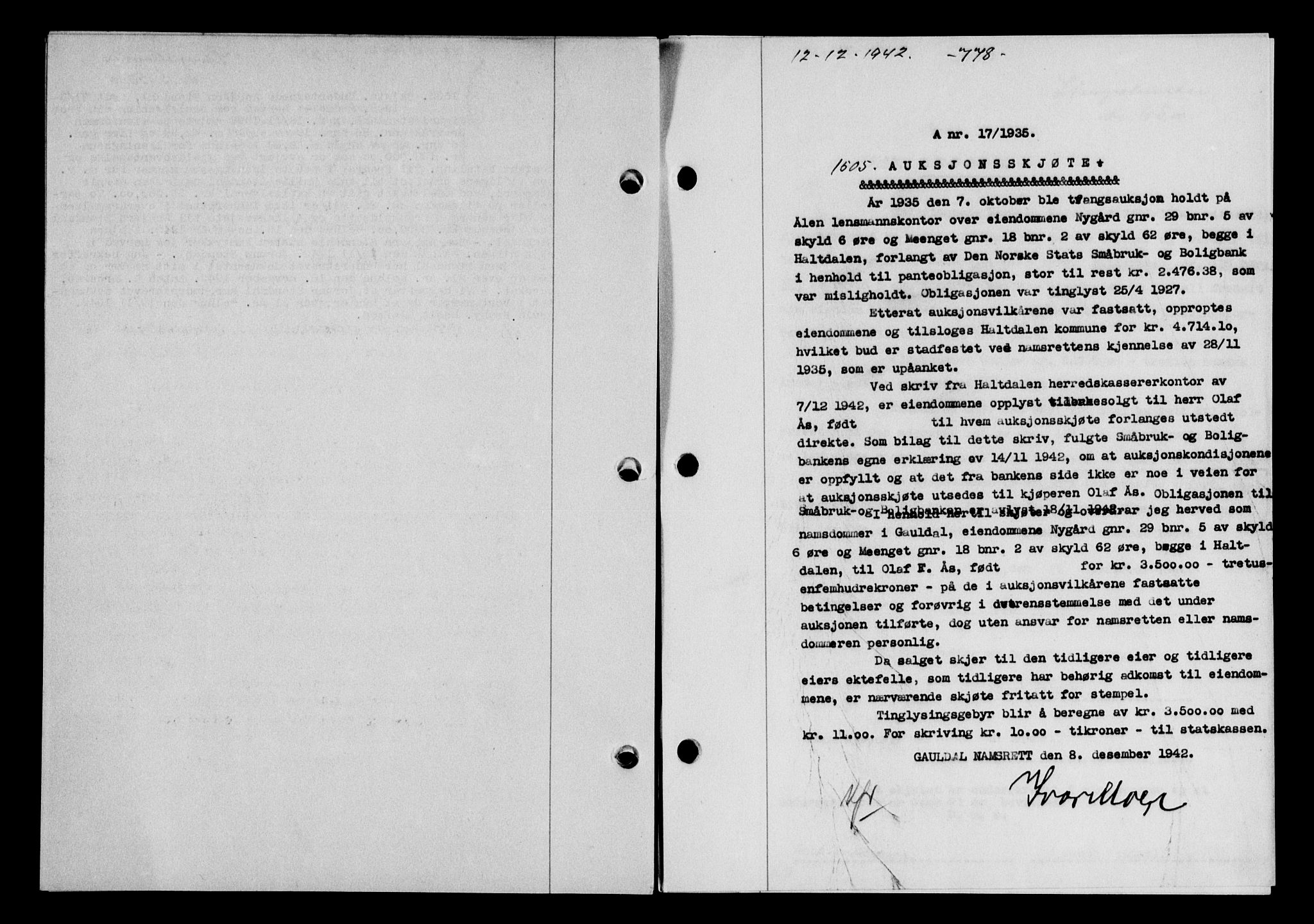 Gauldal sorenskriveri, SAT/A-0014/1/2/2C/L0055: Pantebok nr. 60, 1942-1942, Dagboknr: 1505/1942