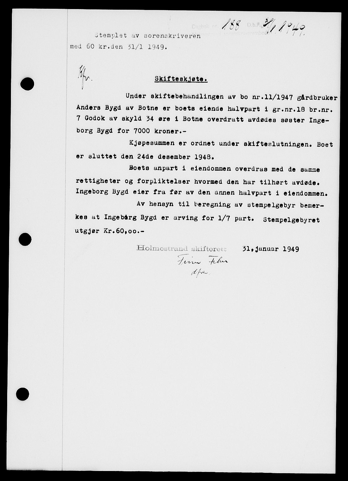 Holmestrand sorenskriveri, SAKO/A-67/G/Ga/Gaa/L0065: Pantebok nr. A-65, 1948-1949, Dagboknr: 188/1949