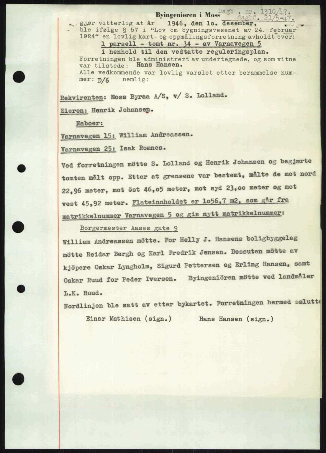 Moss sorenskriveri, SAO/A-10168: Pantebok nr. A17, 1947-1947, Dagboknr: 1310/1947