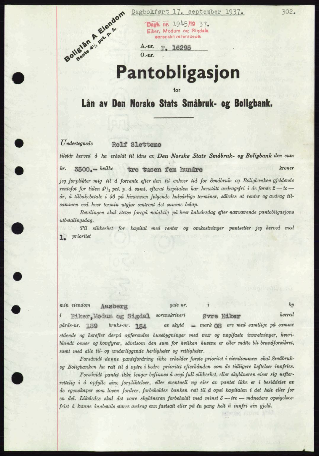 Eiker, Modum og Sigdal sorenskriveri, SAKO/A-123/G/Ga/Gab/L0036: Pantebok nr. A6, 1937-1937, Dagboknr: 1945/1937
