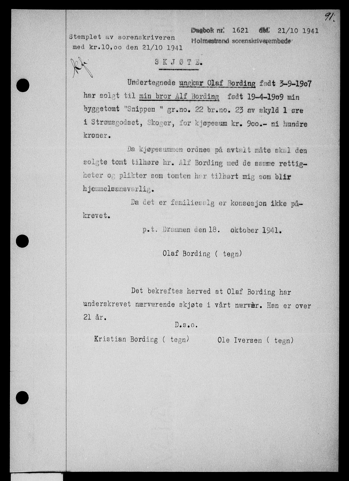 Holmestrand sorenskriveri, SAKO/A-67/G/Ga/Gaa/L0054: Pantebok nr. A-54, 1941-1942, Dagboknr: 1621/1941