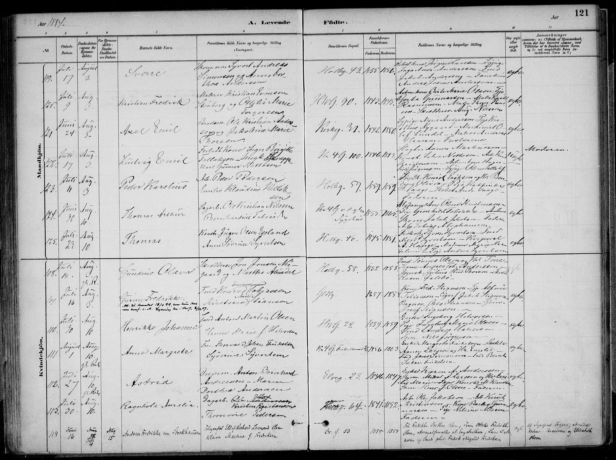 Kristiansand domprosti, AV/SAK-1112-0006/F/Fa/L0016: Ministerialbok nr. A 16A, 1880-1890, s. 121