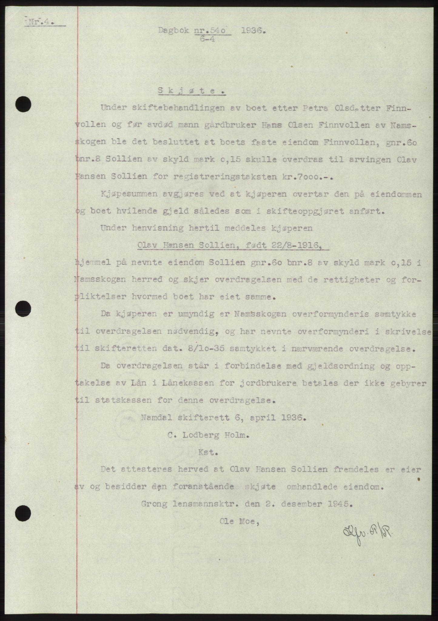 Namdal sorenskriveri, AV/SAT-A-4133/1/2/2C: Pantebok nr. -, 1935-1936, Tingl.dato: 06.04.1936