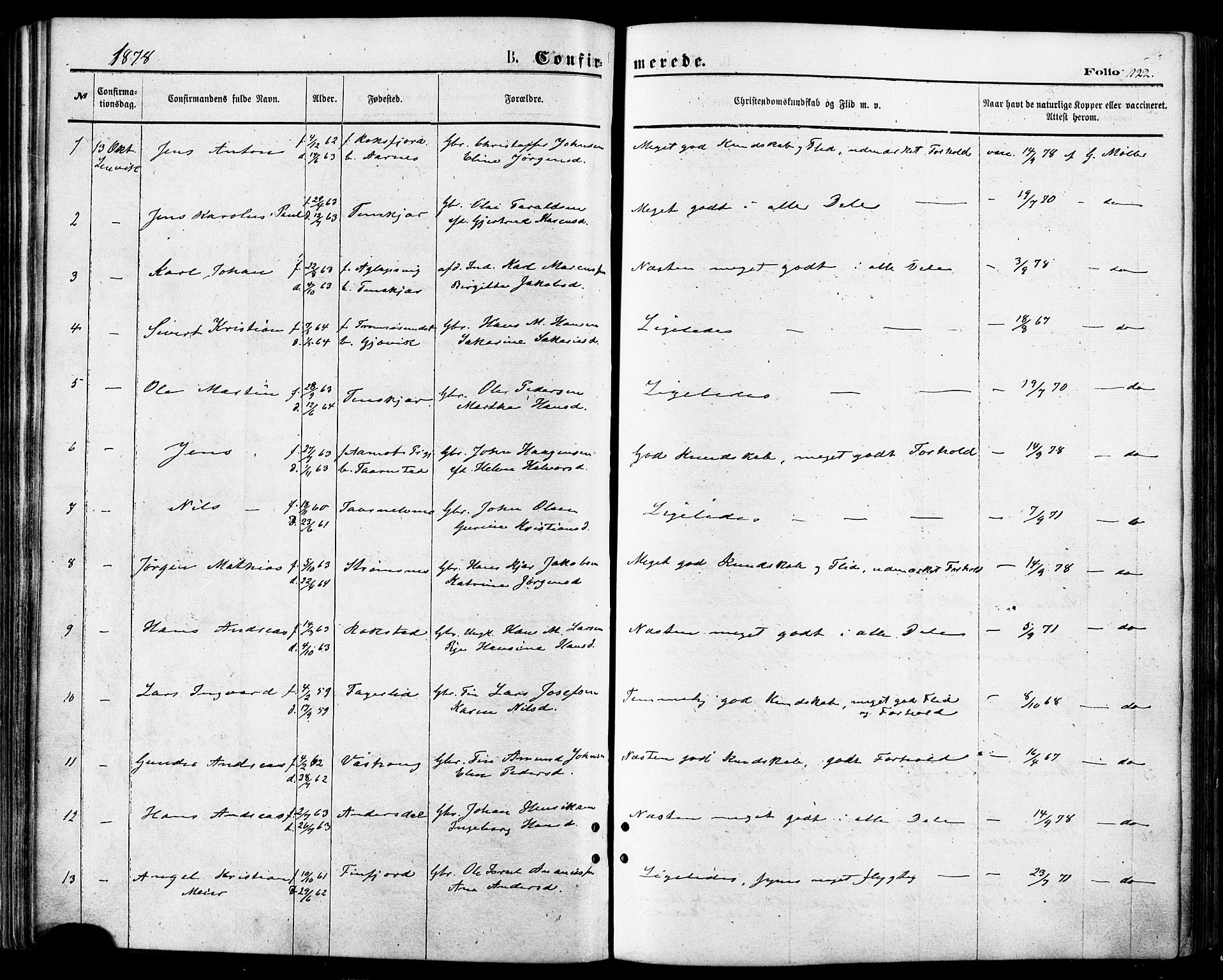 Lenvik sokneprestembete, AV/SATØ-S-1310/H/Ha/Haa/L0010kirke: Ministerialbok nr. 10, 1873-1880, s. 122
