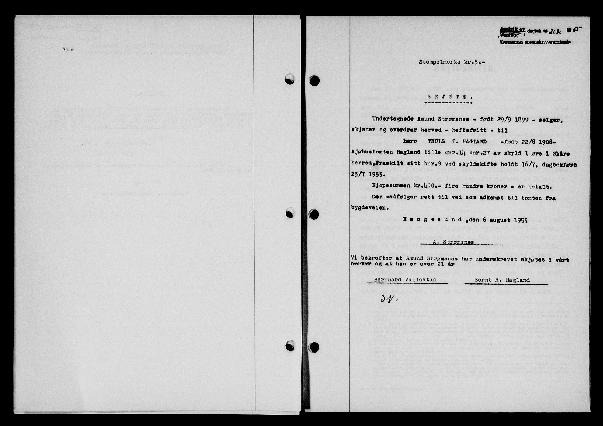 Karmsund sorenskriveri, SAST/A-100311/01/II/IIB/L0116: Pantebok nr. 96A, 1955-1955, Dagboknr: 2630/1955