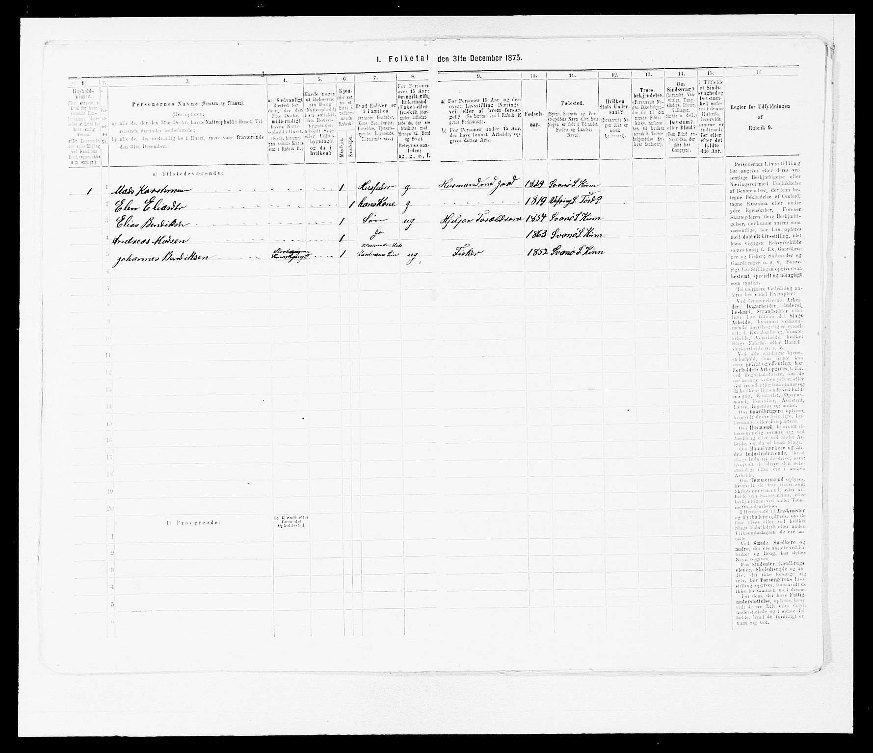 SAB, Folketelling 1875 for 1437L Kinn prestegjeld, Kinn sokn og Svanøy sokn, 1875, s. 1292