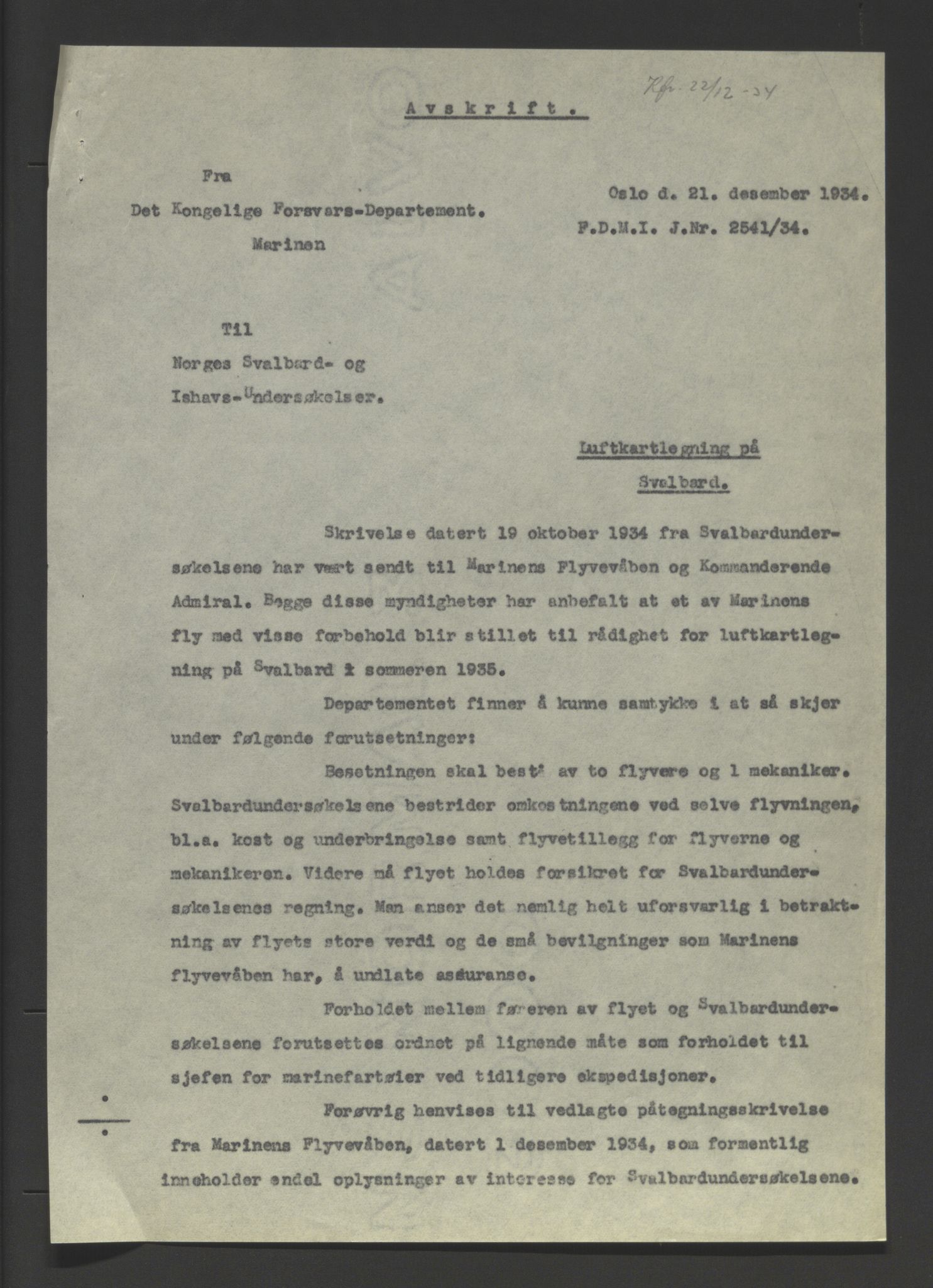Norsk Polarinstitutt, AV/SATØ-S-0902/D/Da/Daa/L0143/0002: Korrespondanse og saksdokumenter / Luftkartlegging 1935-36, 1934, s. 1