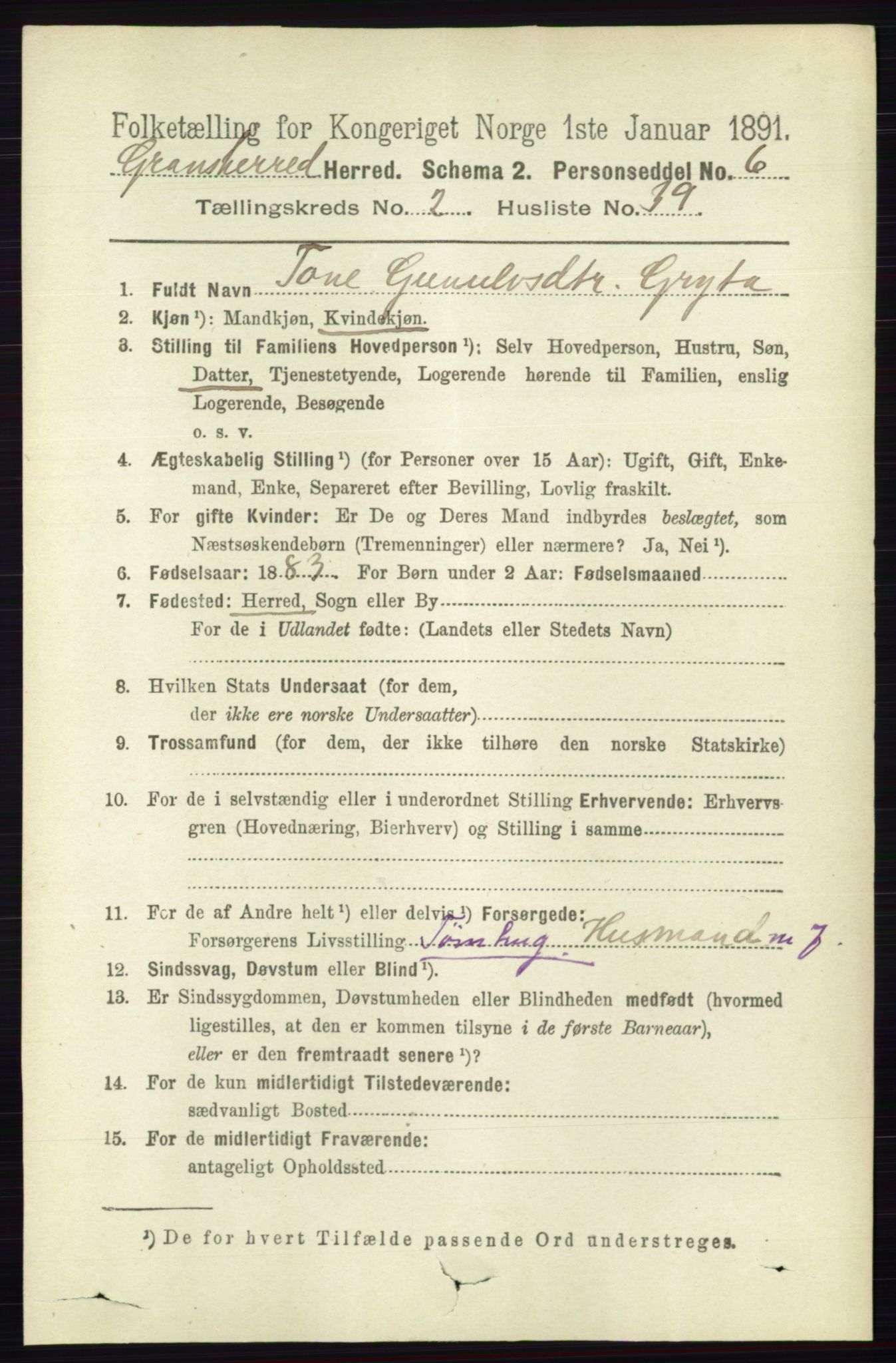 RA, Folketelling 1891 for 0824 Gransherad herred, 1891, s. 477