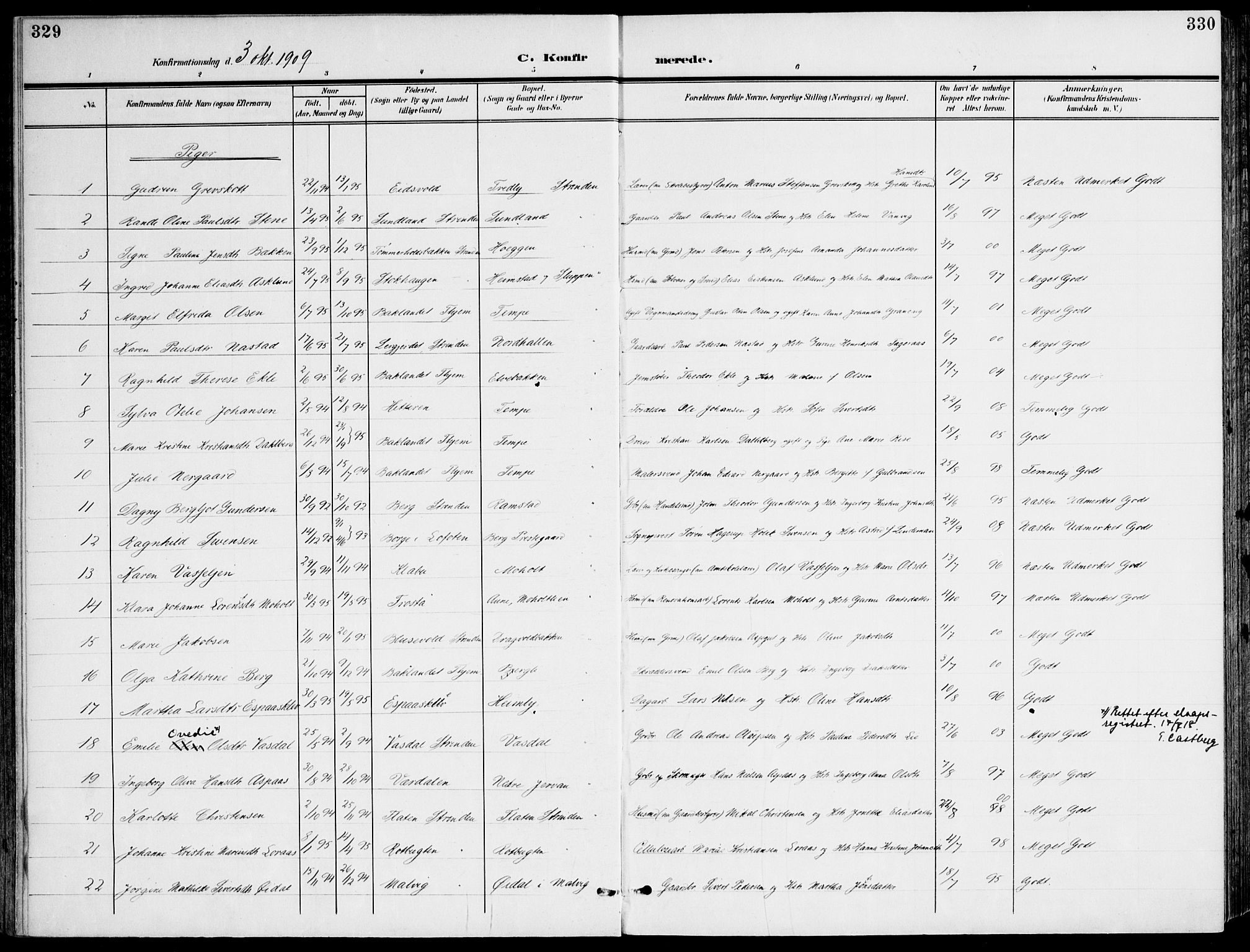 Ministerialprotokoller, klokkerbøker og fødselsregistre - Sør-Trøndelag, SAT/A-1456/607/L0320: Ministerialbok nr. 607A04, 1907-1915, s. 329-330