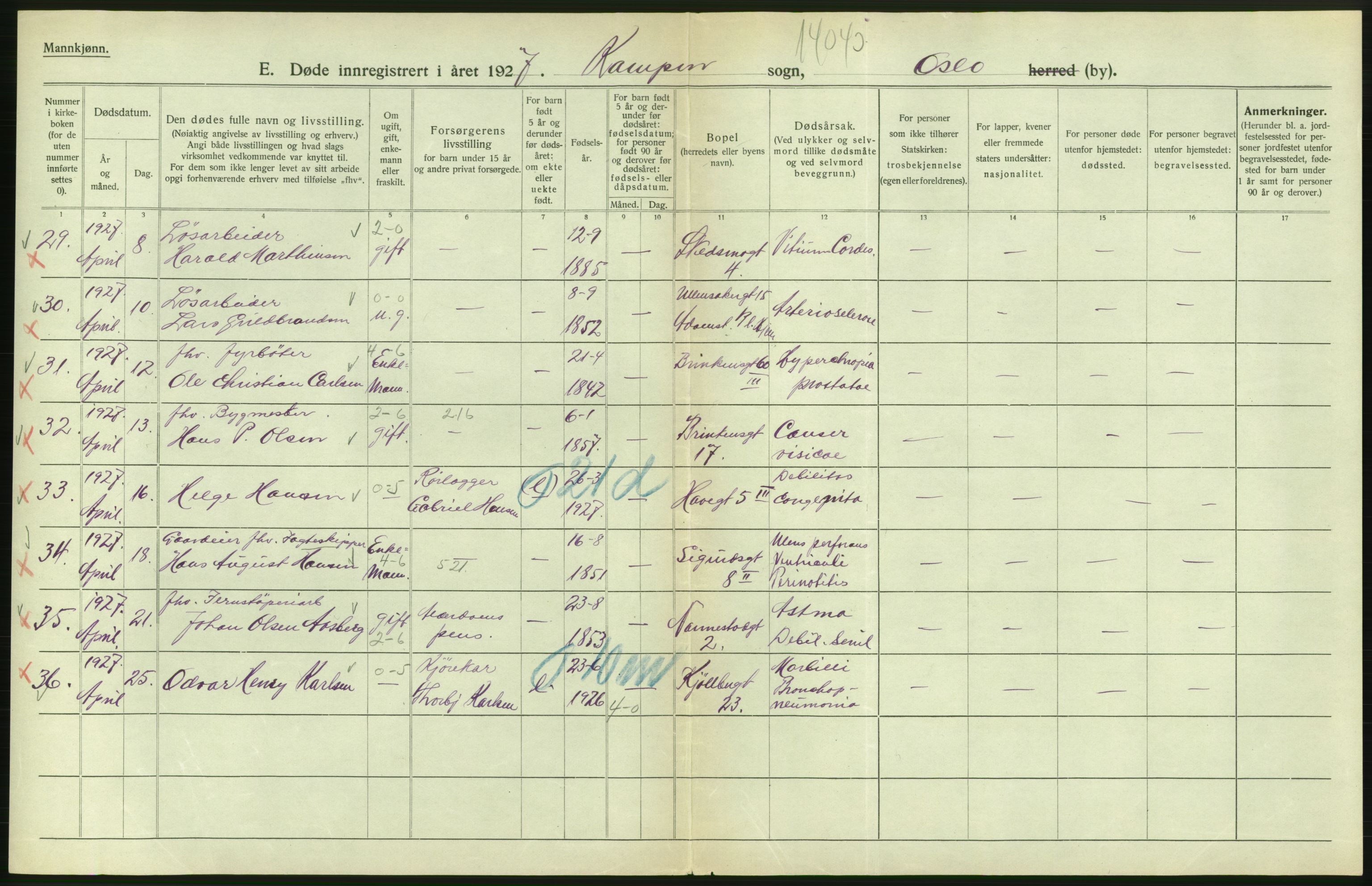 Statistisk sentralbyrå, Sosiodemografiske emner, Befolkning, AV/RA-S-2228/D/Df/Dfc/Dfcg/L0009: Oslo: Døde menn, 1927, s. 486