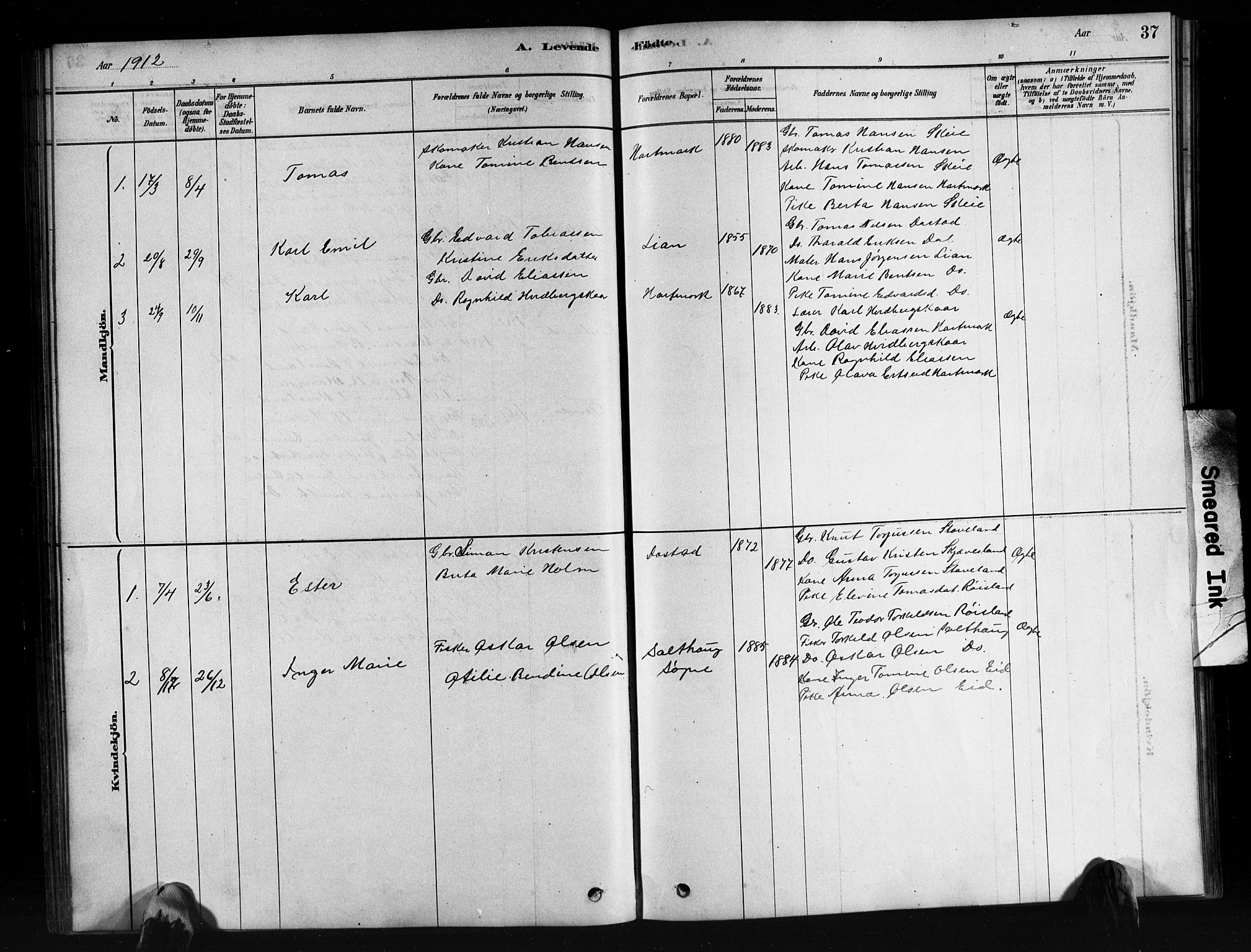 Mandal sokneprestkontor, AV/SAK-1111-0030/F/Fb/Fbb/L0004: Klokkerbok nr. B 4, 1878-1913, s. 37