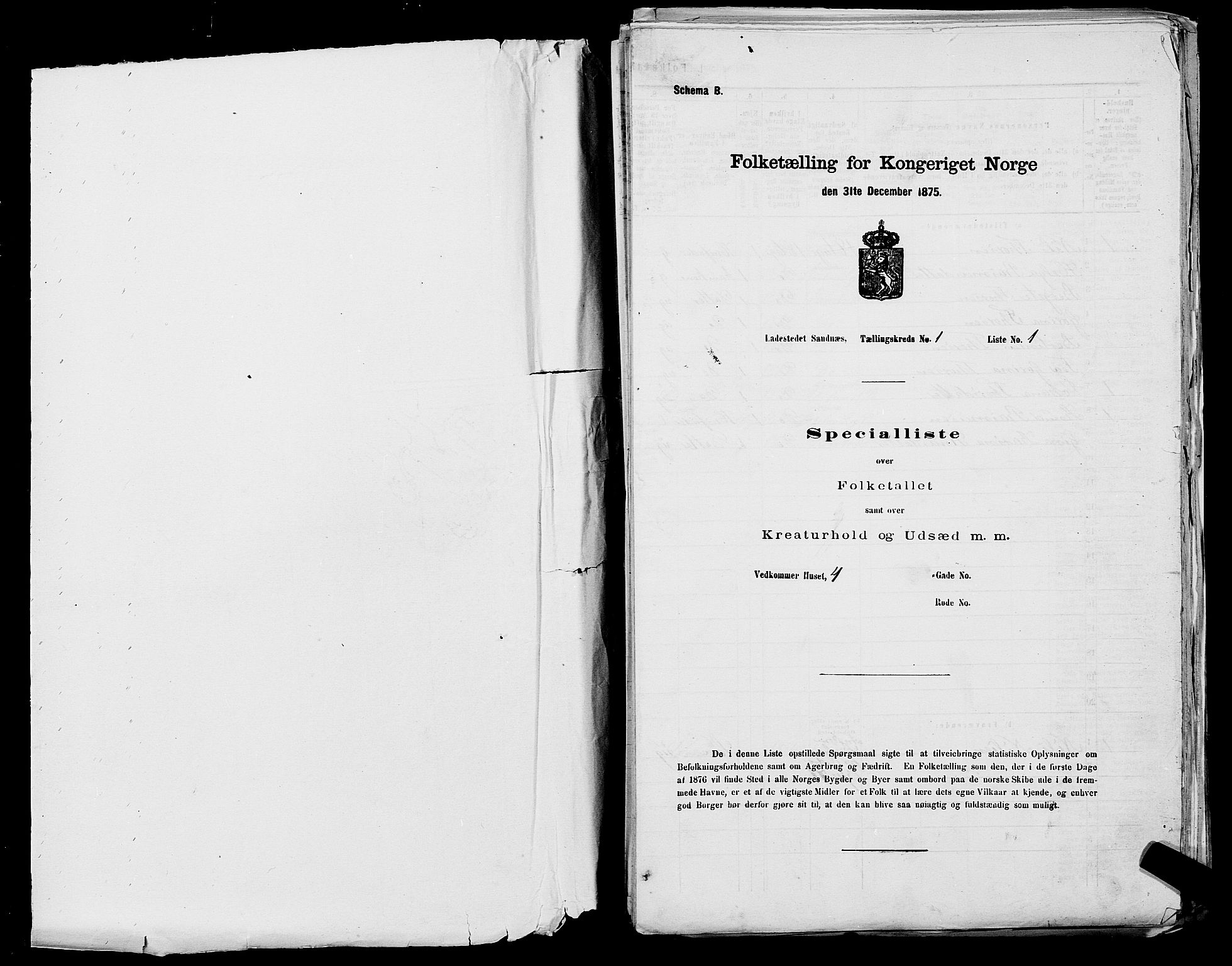 SAST, Folketelling 1875 for 1102B Høyland prestegjeld, Sandnes ladested, 1875, s. 1