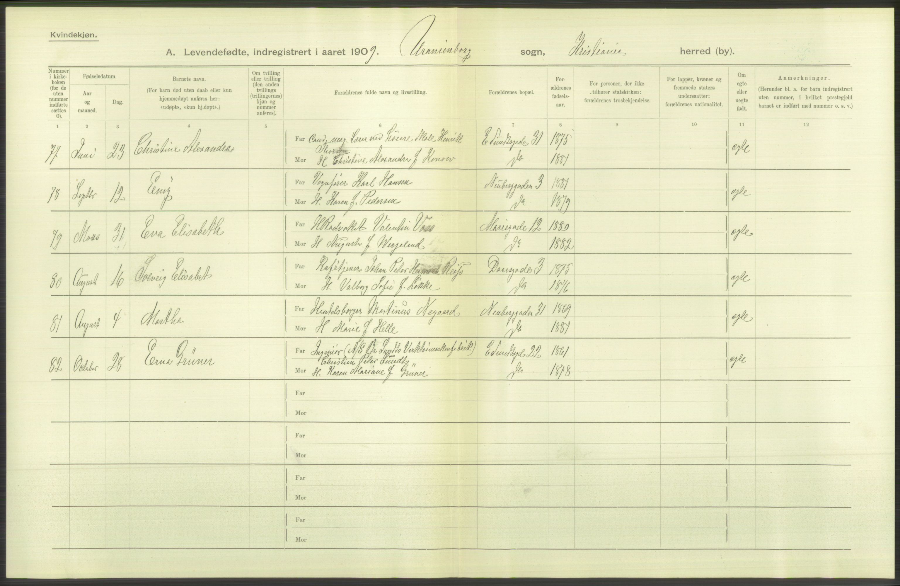 Statistisk sentralbyrå, Sosiodemografiske emner, Befolkning, AV/RA-S-2228/D/Df/Dfa/Dfag/L0007: Kristiania: Levendefødte menn og kvinner., 1909, s. 802