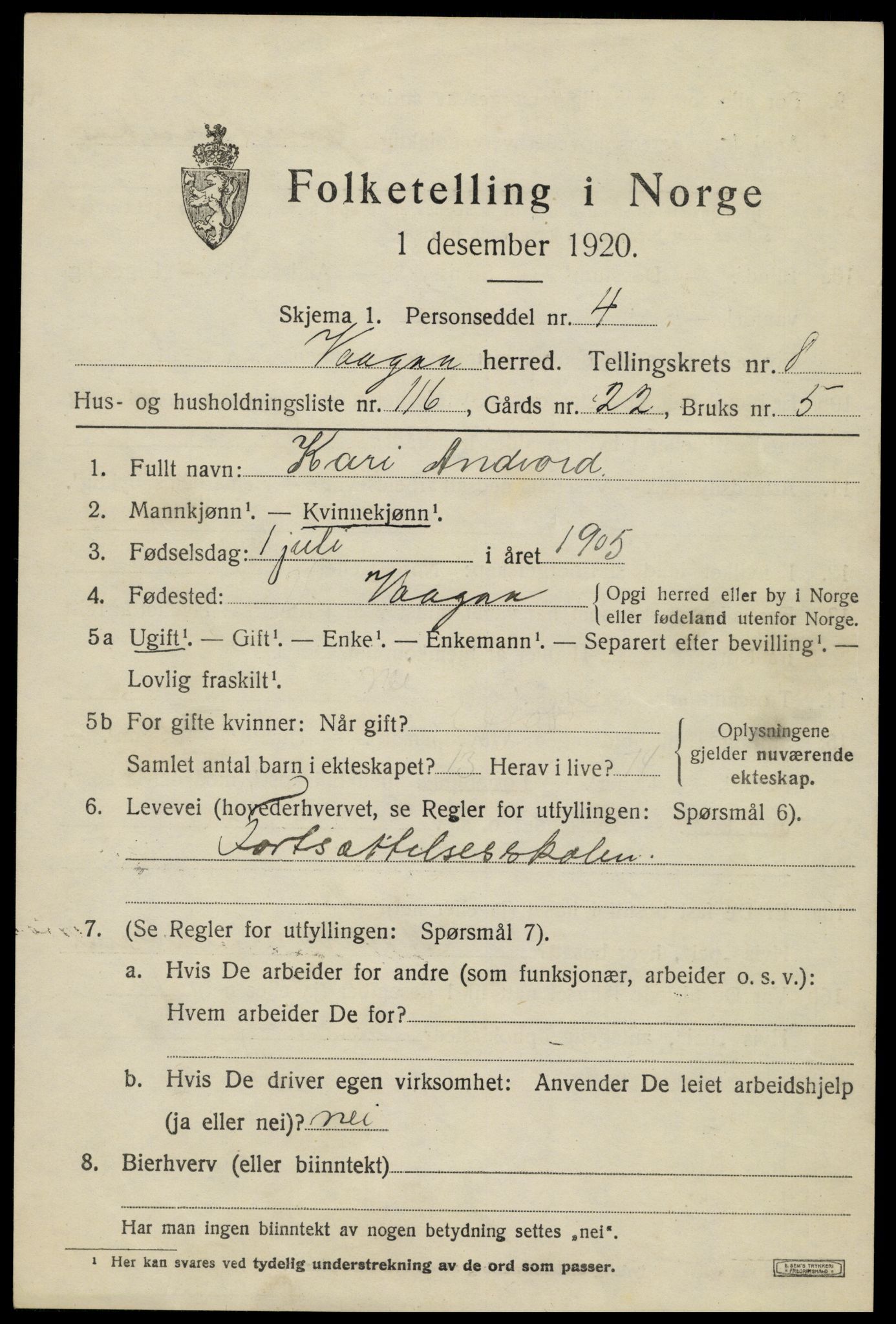 SAH, Folketelling 1920 for 0515 Vågå herred, 1920, s. 7224