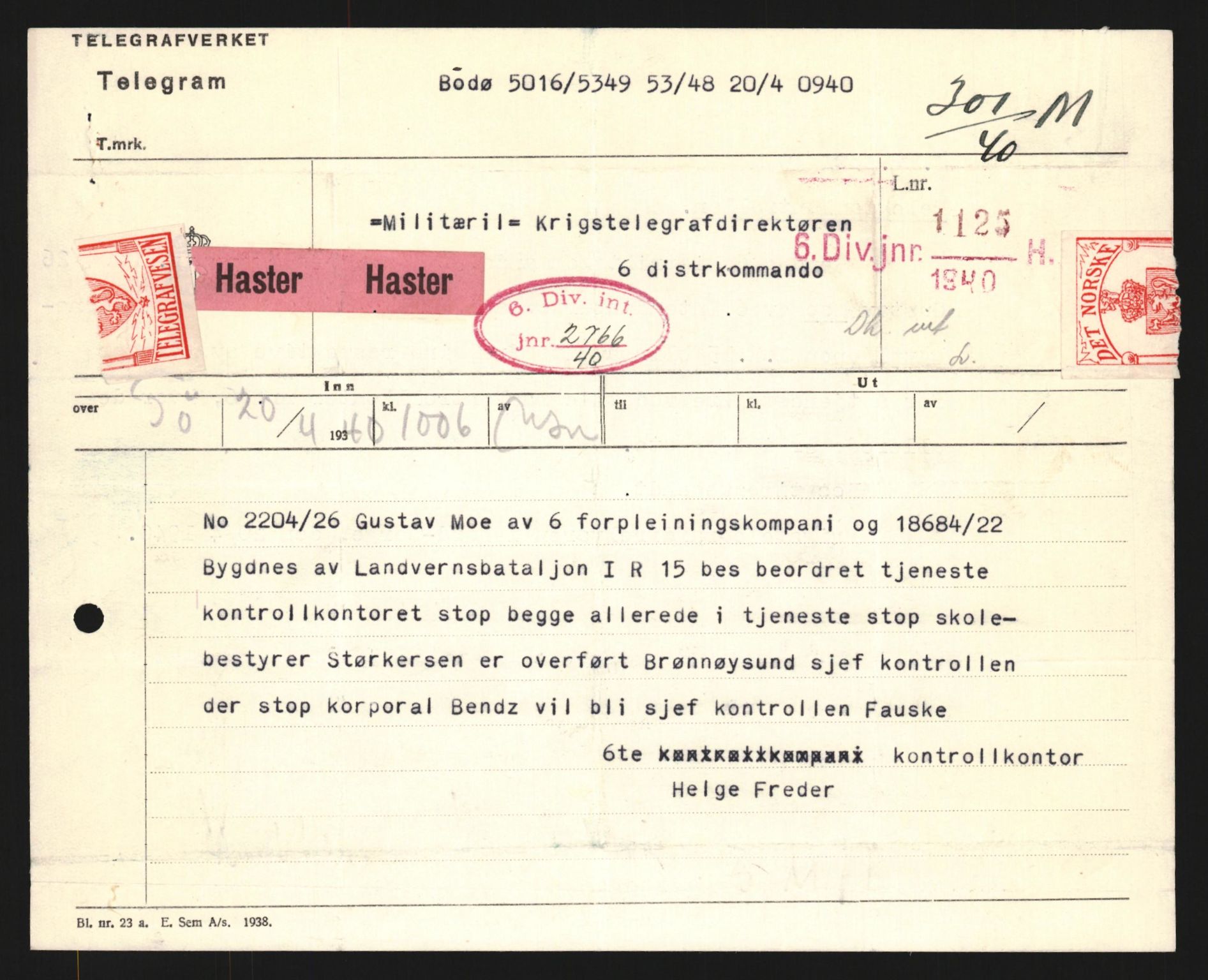 Forsvaret, Forsvarets krigshistoriske avdeling, AV/RA-RAFA-2017/Y/Yb/L0122: II-C-11-600  -  6. Divisjon med avdelinger, 1940, s. 145