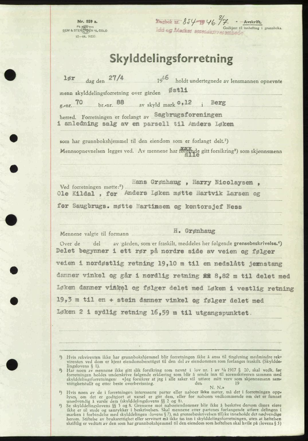 Idd og Marker sorenskriveri, SAO/A-10283/G/Gb/Gbb/L0008: Pantebok nr. A8, 1946-1946, Dagboknr: 854/1946