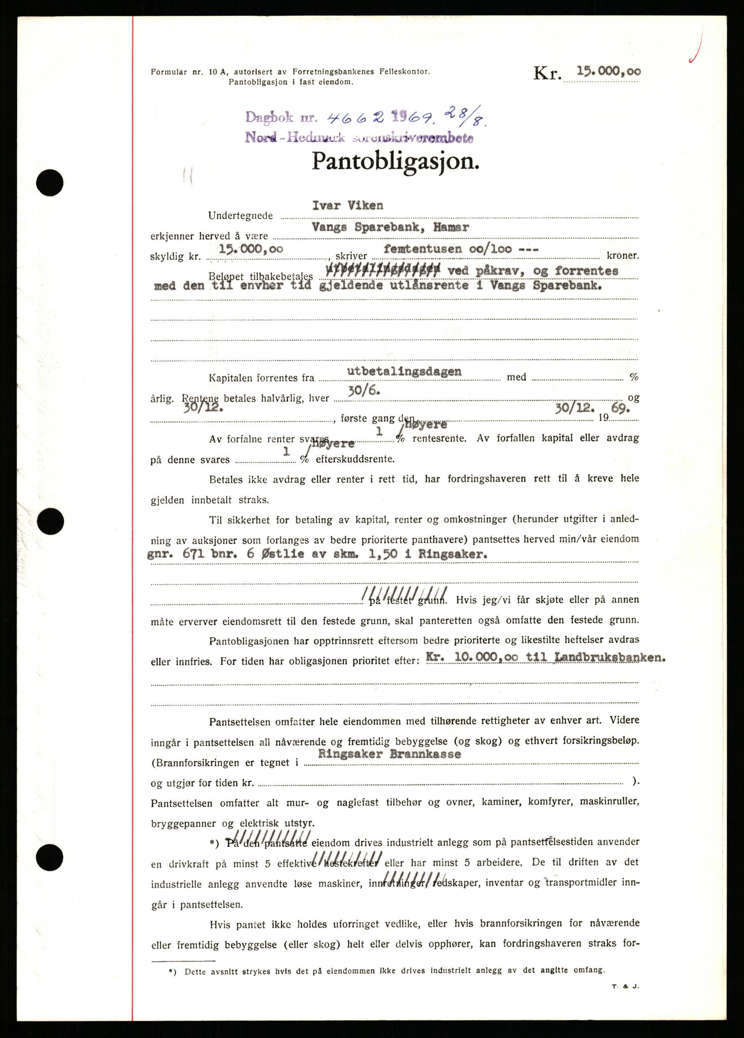 Nord-Hedmark sorenskriveri, SAH/TING-012/H/Hb/Hbf/L0081: Pantebok nr. B81, 1969-1969, Dagboknr: 4662/1969