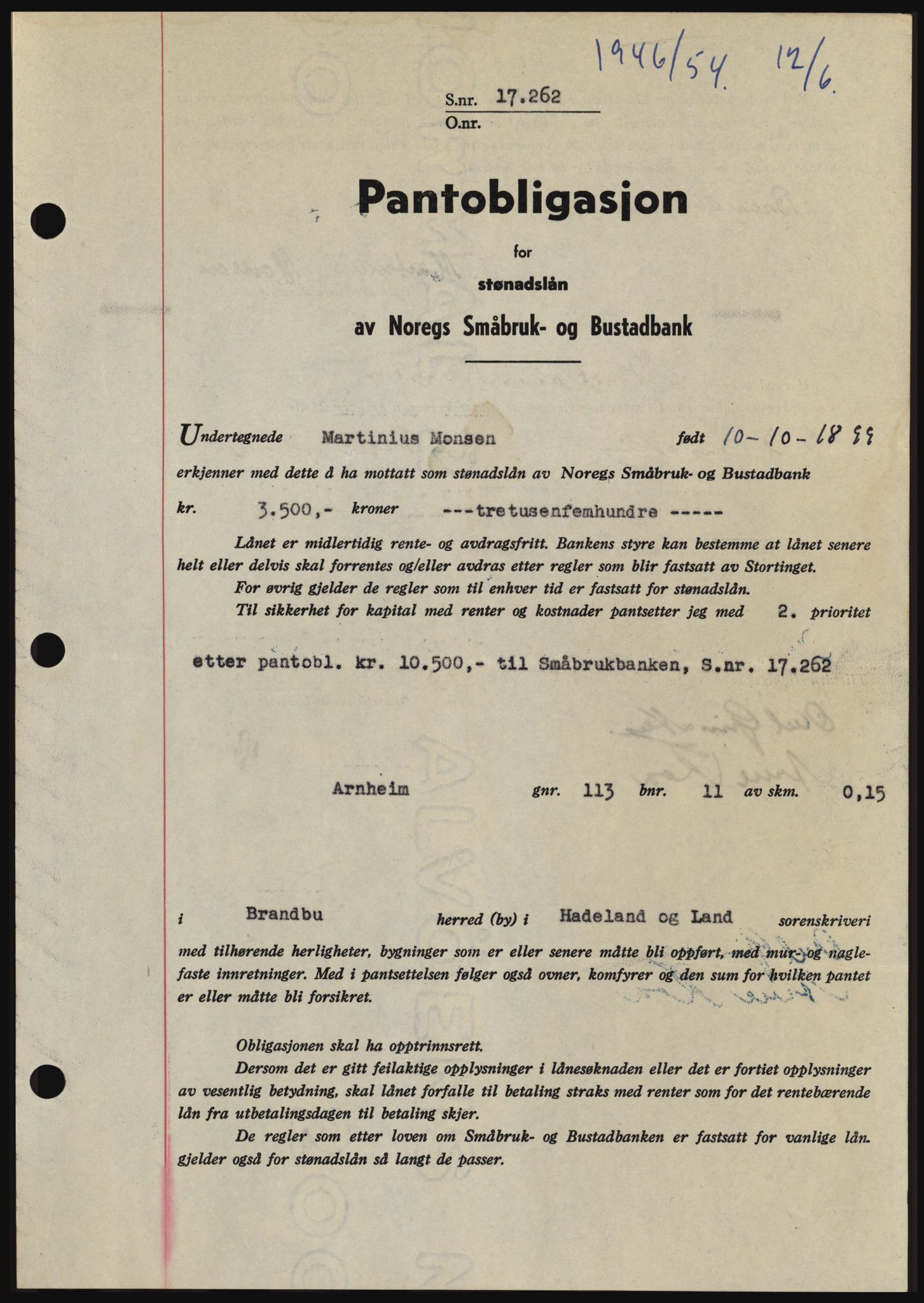Hadeland og Land tingrett, SAH/TING-010/H/Hb/Hbc/L0030: Pantebok nr. B30, 1954-1954, Dagboknr: 1946/1954